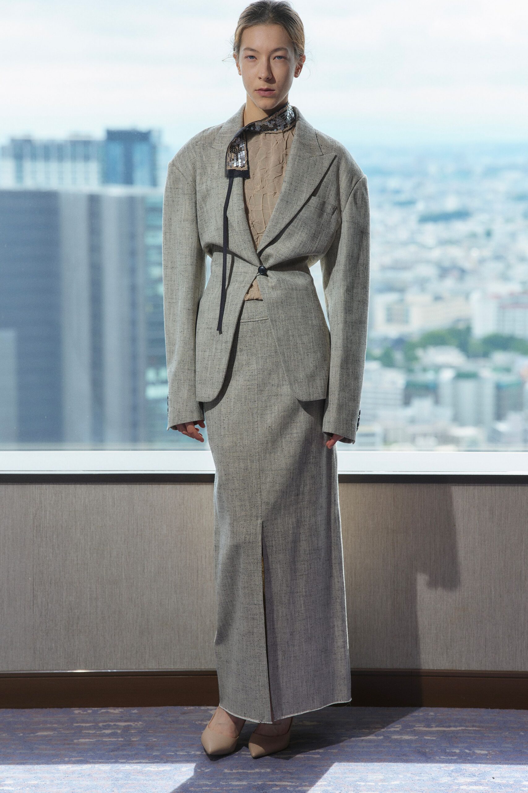 gray cotton fitted straight-leg skirt