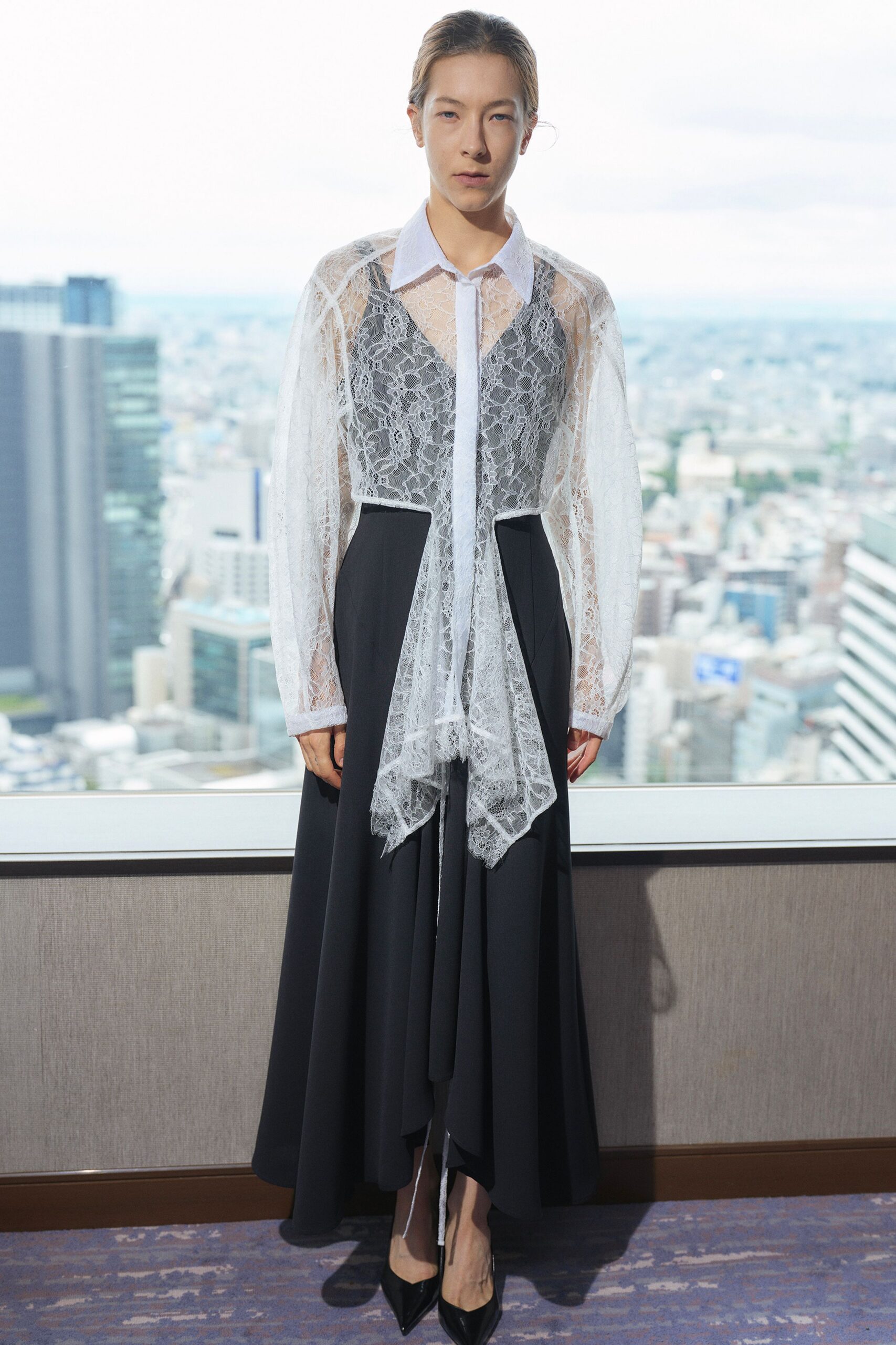 black lace long-sleeve collared fitted layered midi dress