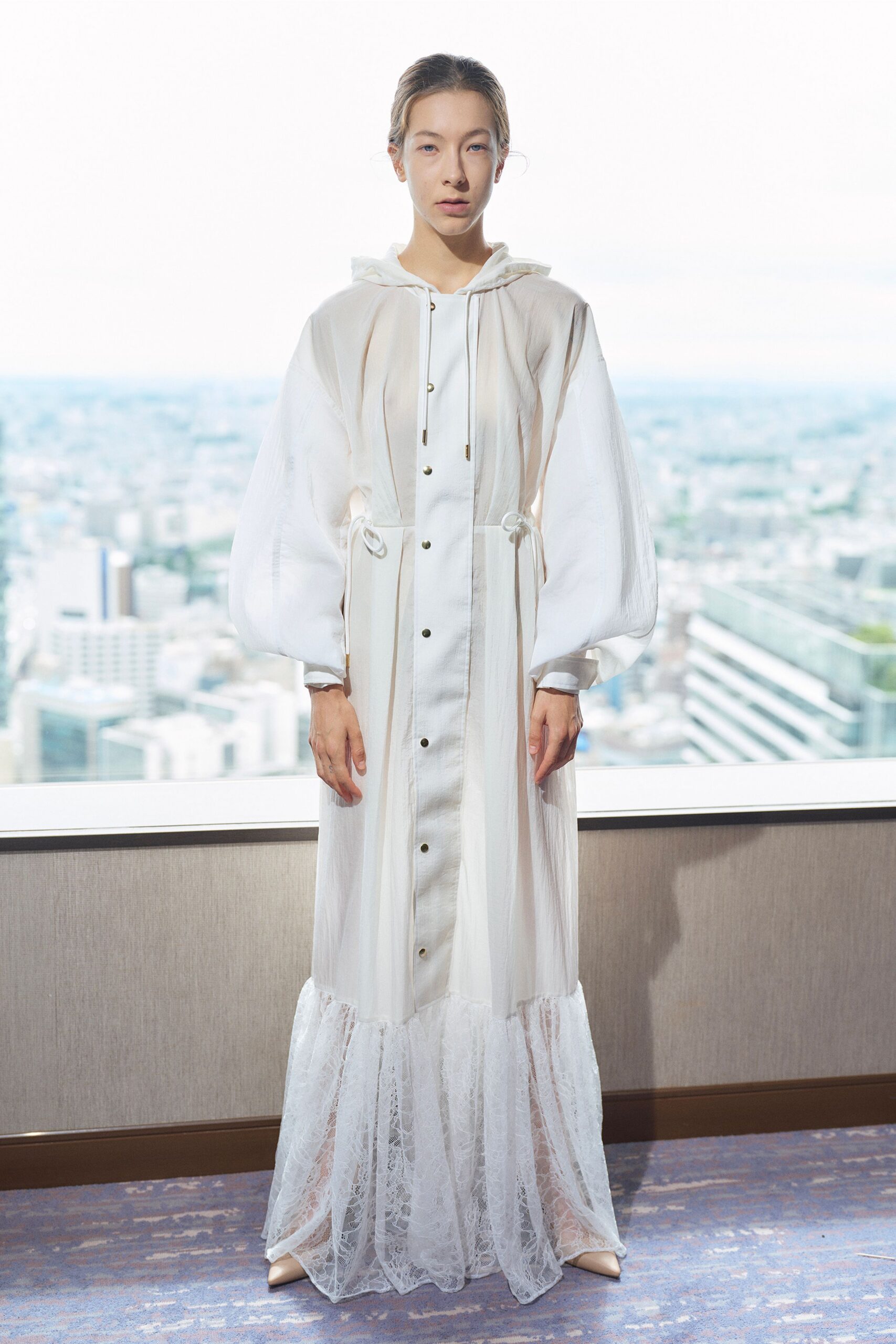 white cotton long-sleeve hooded relaxed buttoned layered dress
