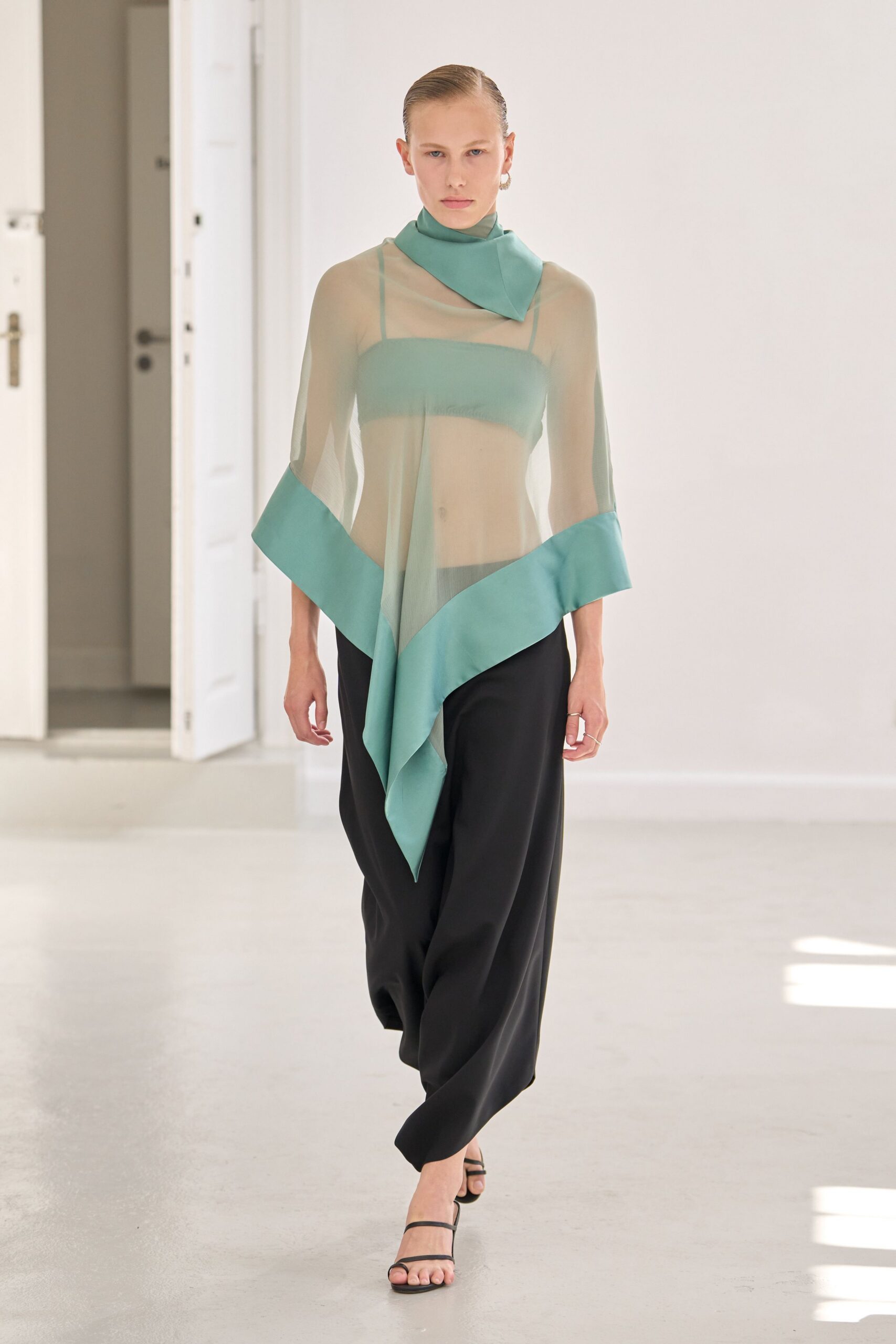 teal chiffon top black pants
