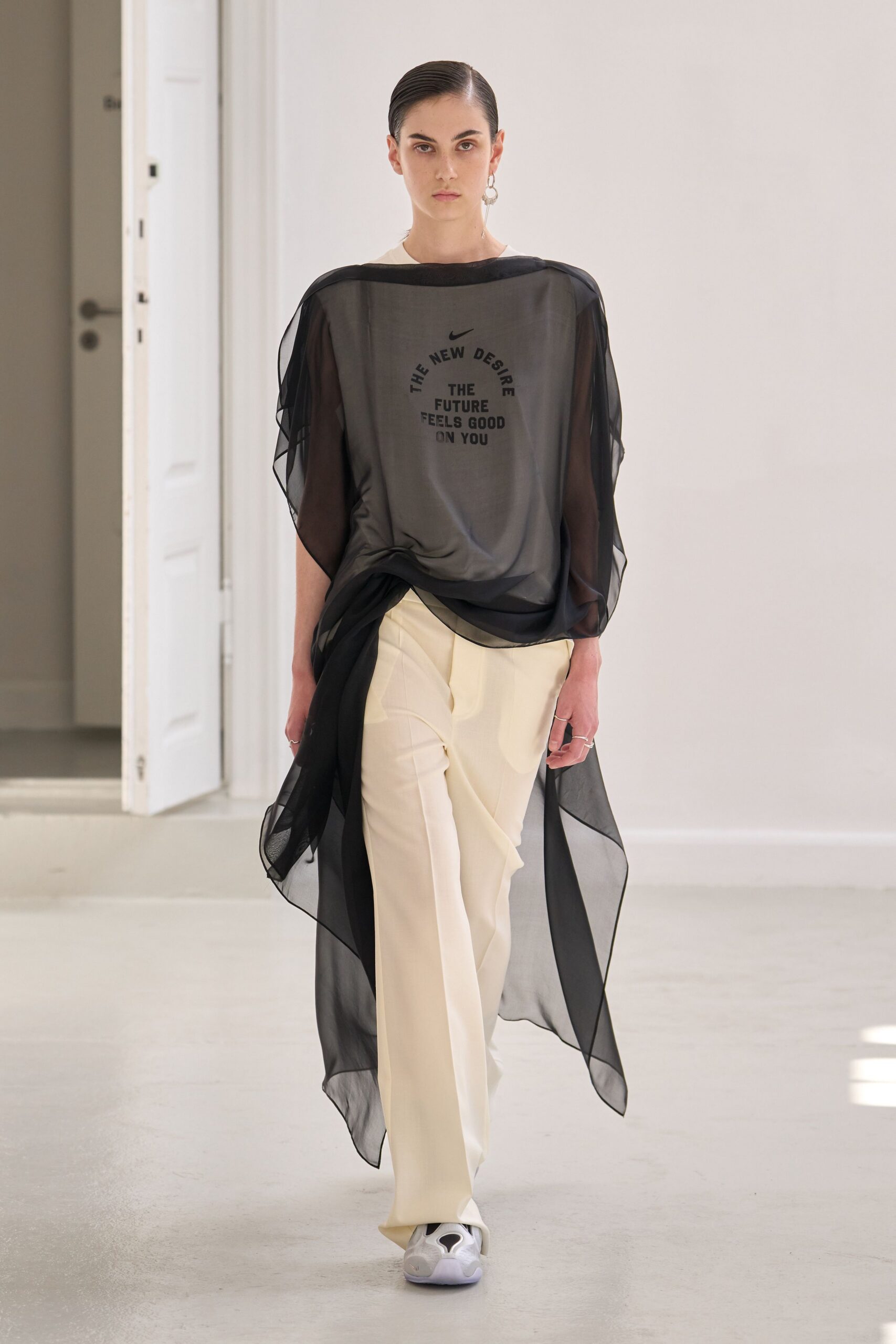 black chiffon top white tailored pants