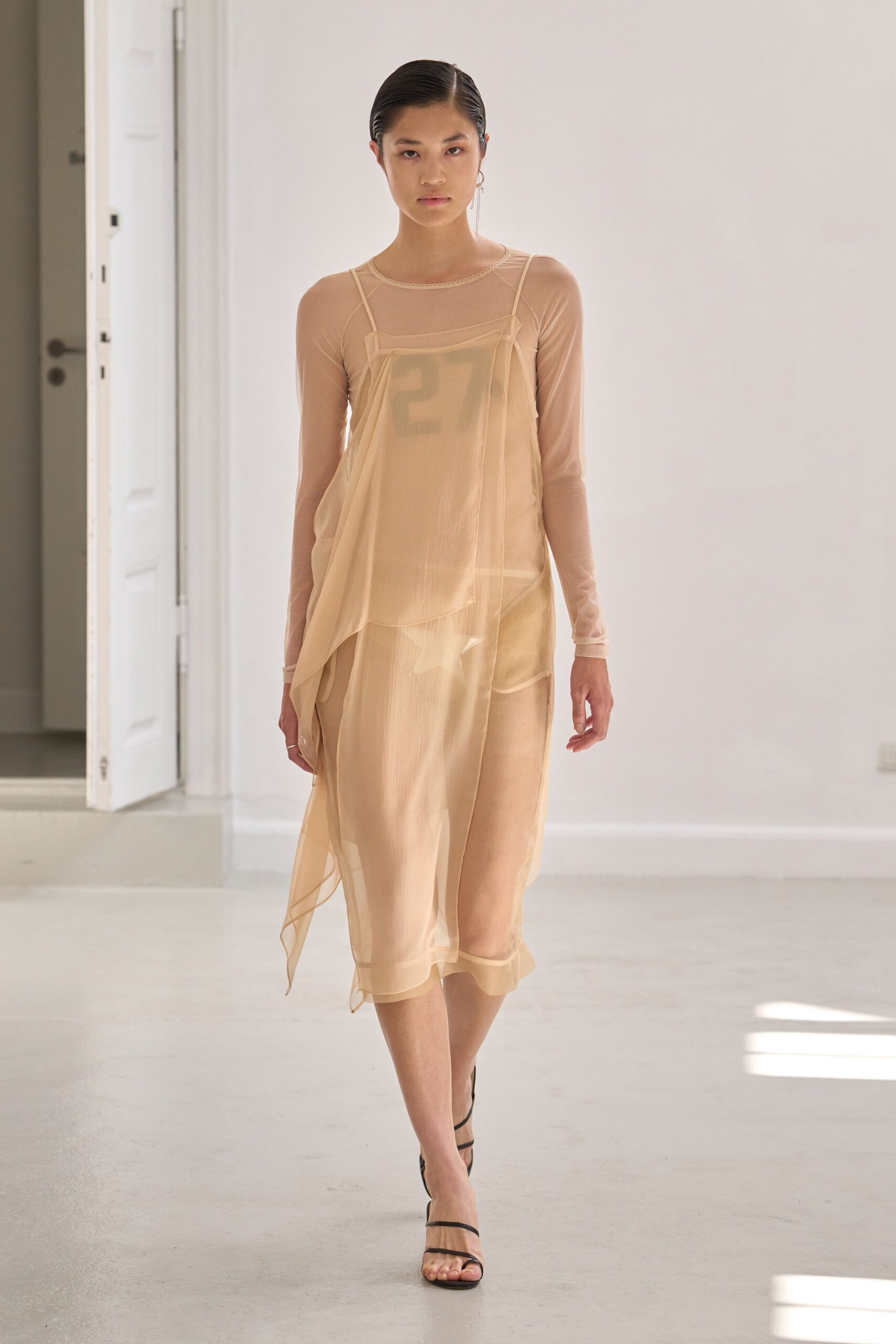 beige sheer layered midi dress with black shoes