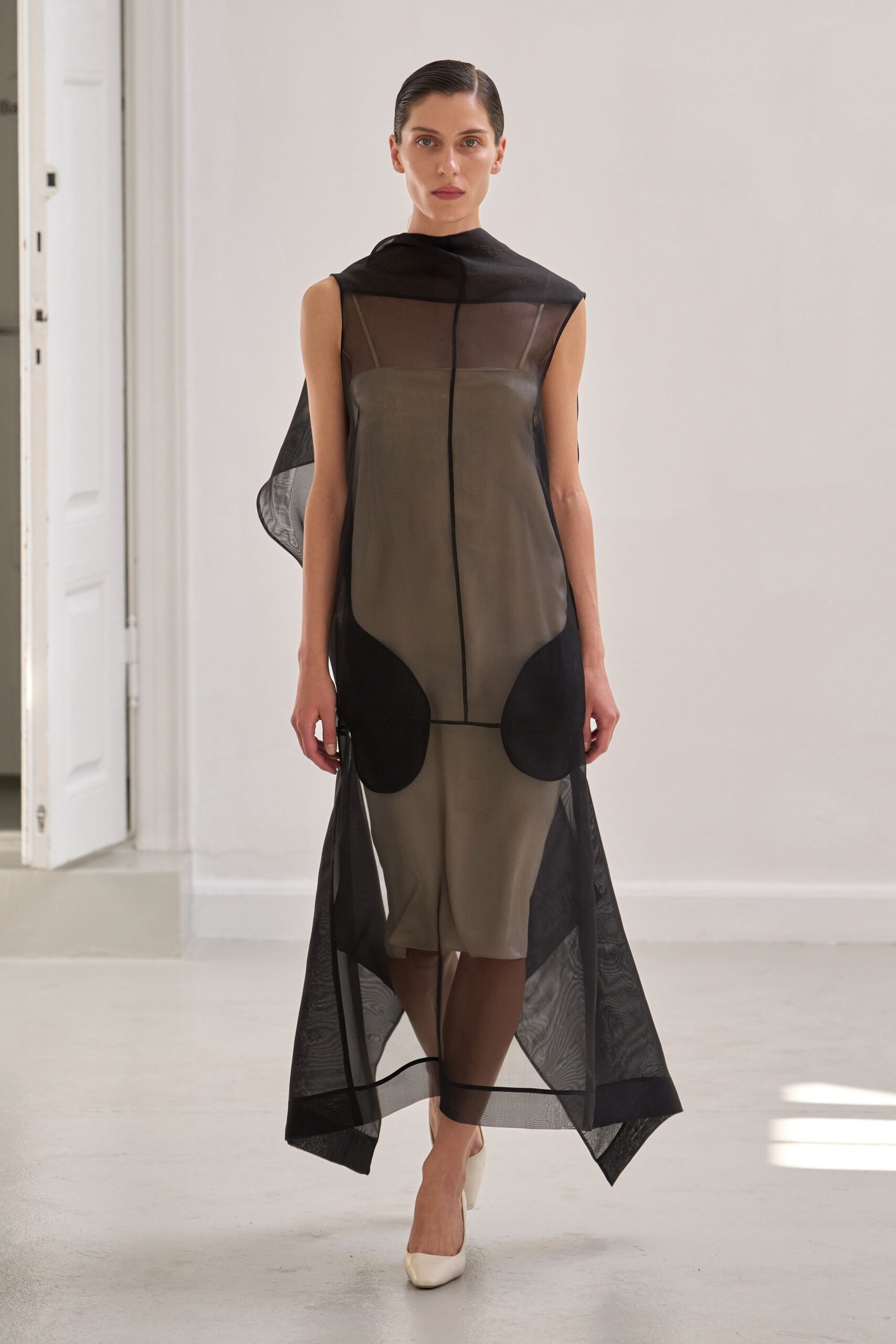 black and beige sheer midi dress