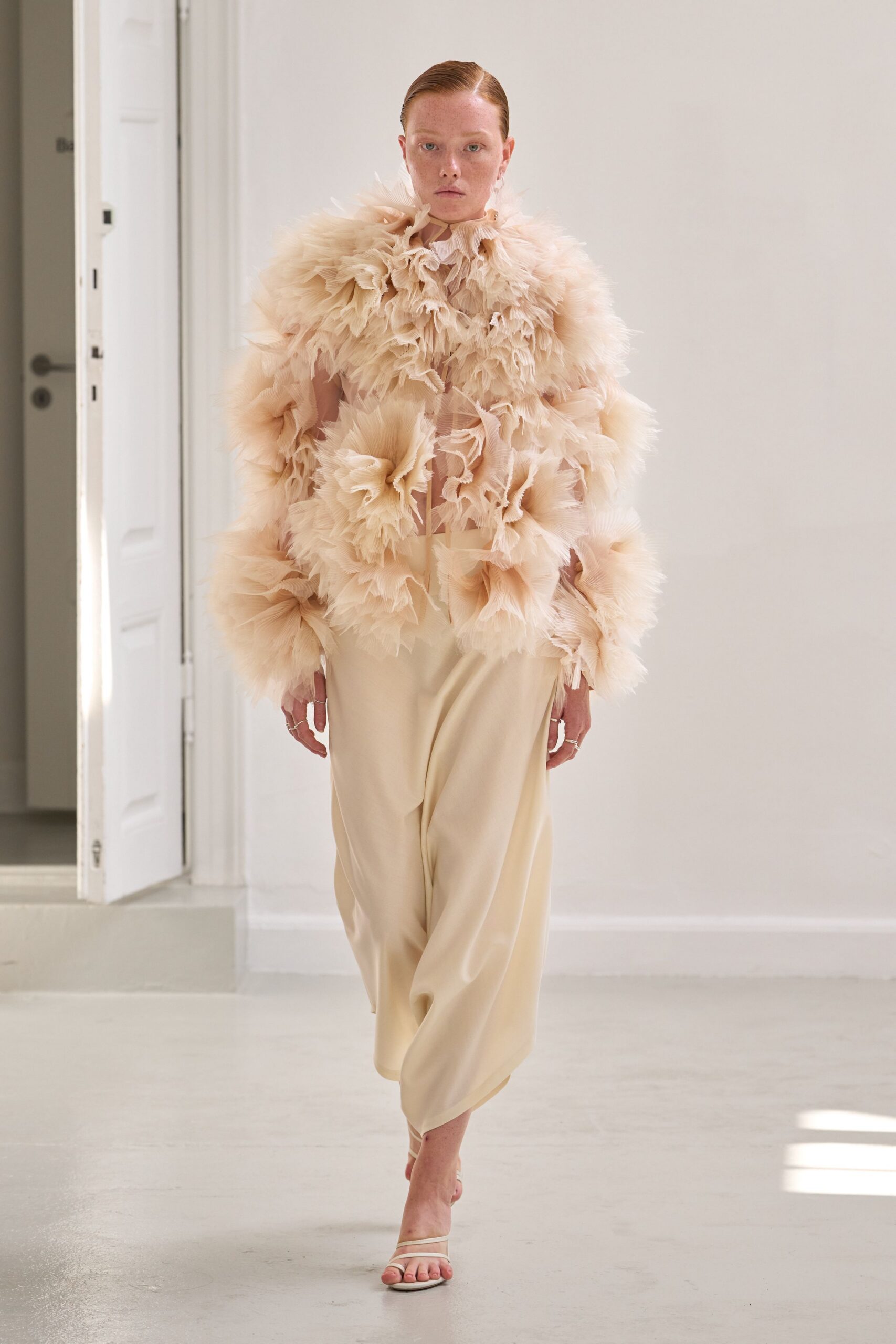 beige tulle sleeveless relaxed ruffled flowing top