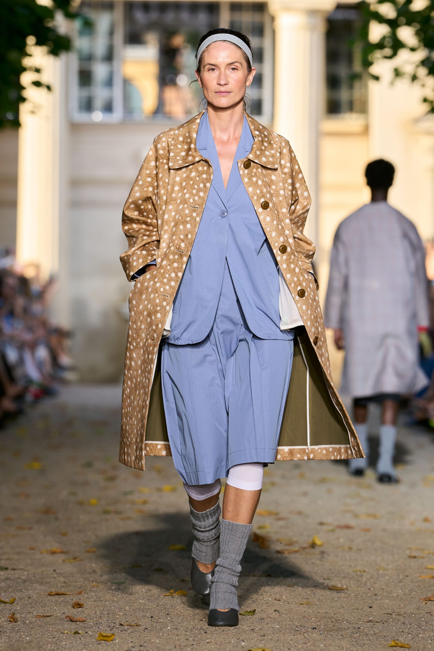 beige cotton long-sleeve collared relaxed polka-dot buttoned coat