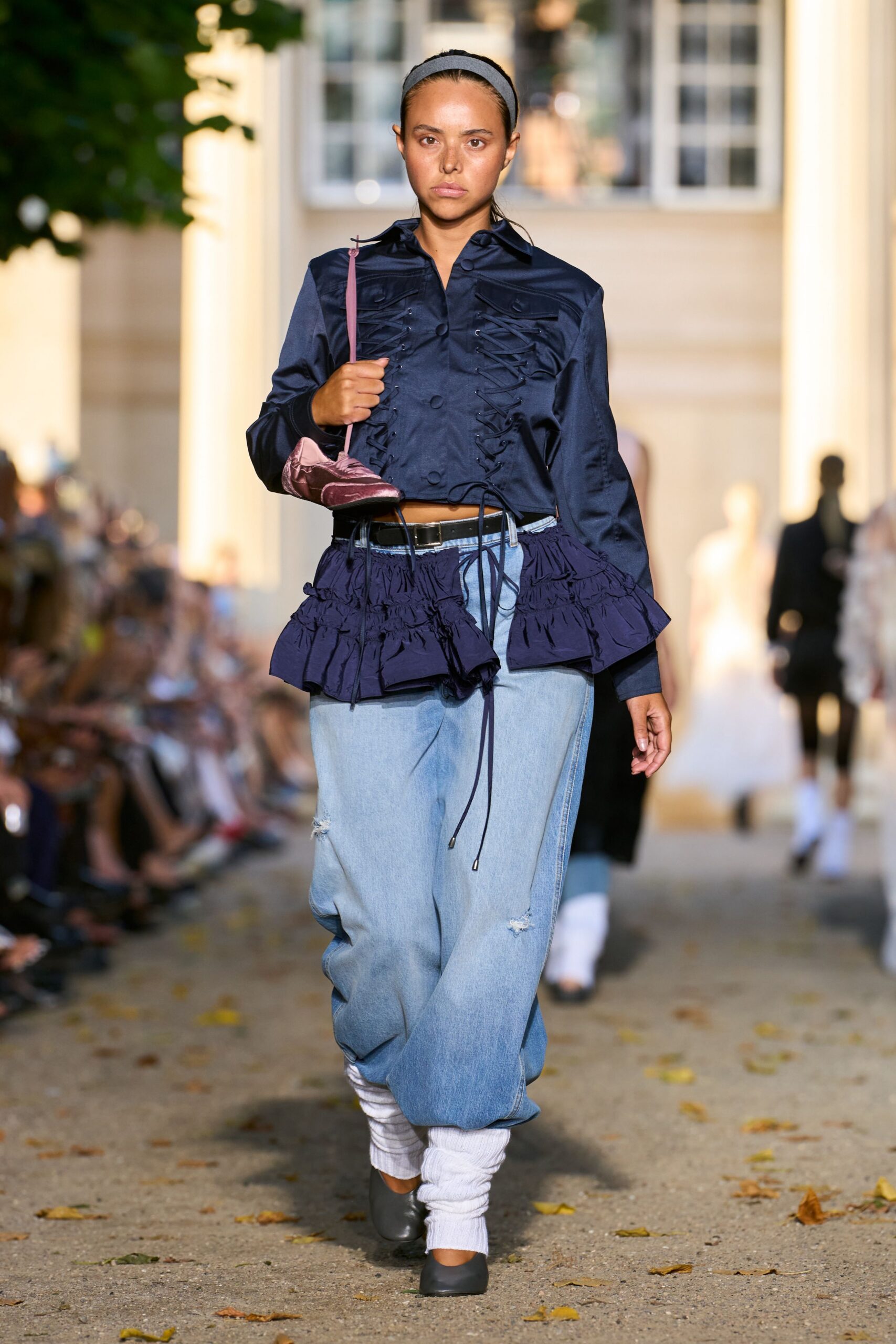 blue cotton long-sleeve collared relaxed ruffled shirt
