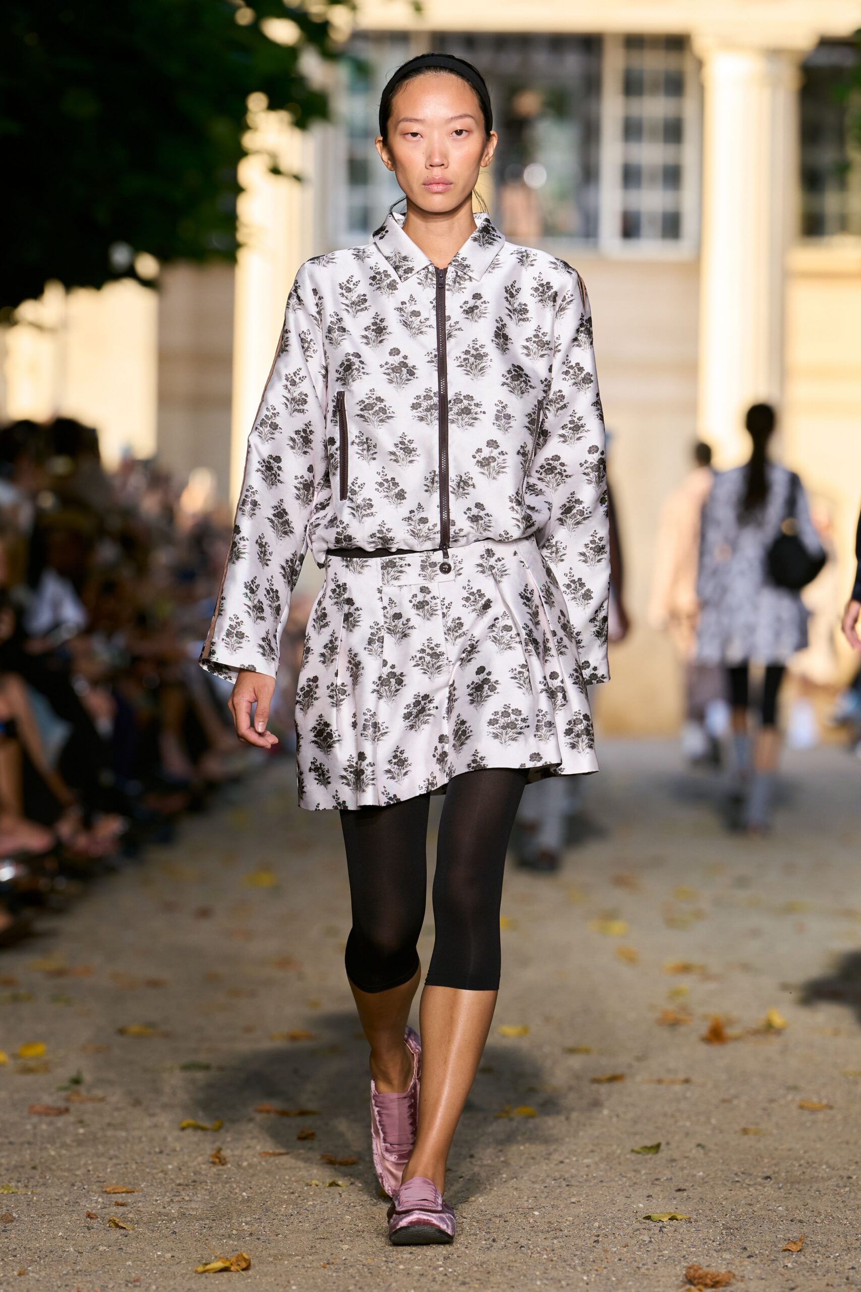 white cotton long-sleeve collared relaxed printed pleated dress