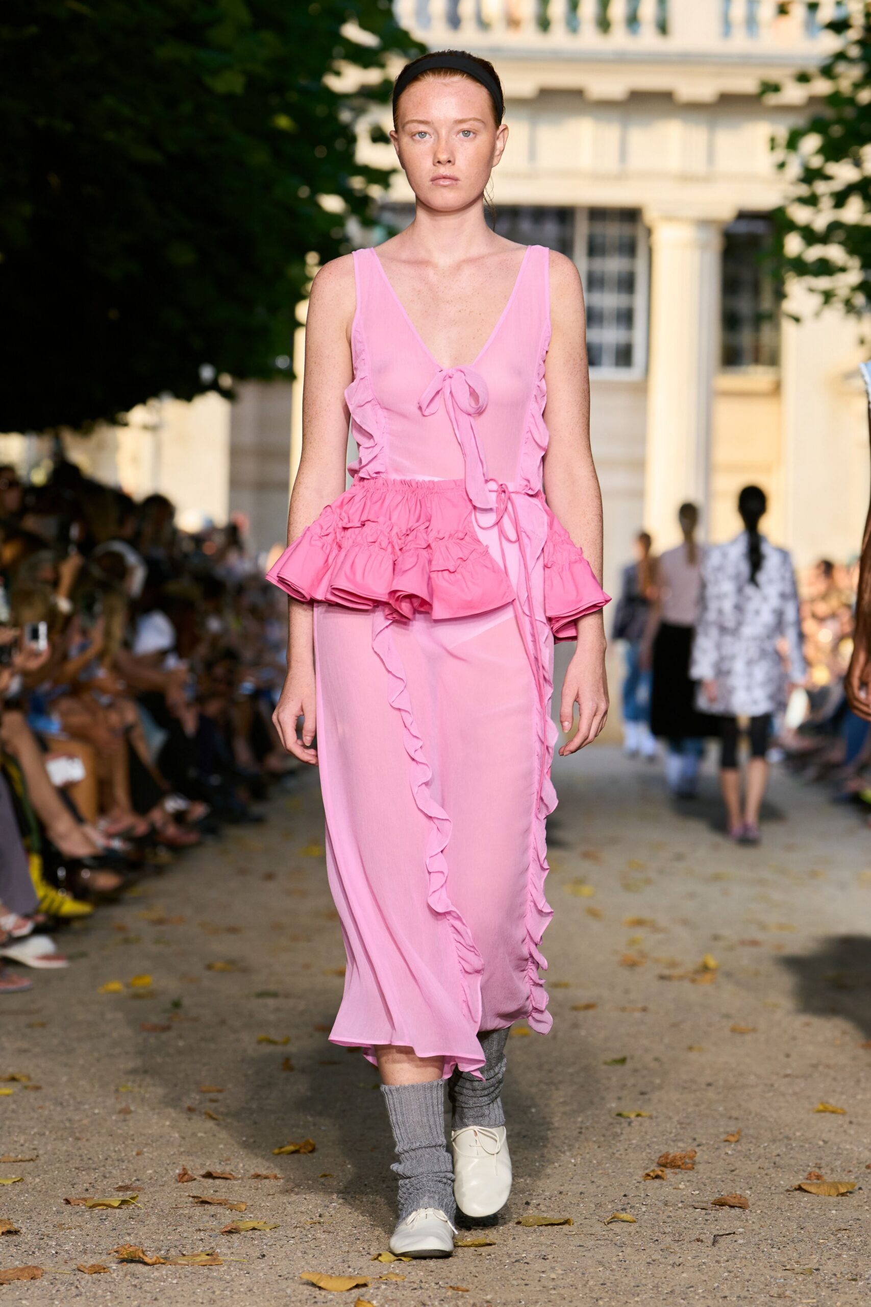 pink silk sleeveless v-neck fitted ruffled tiered dress