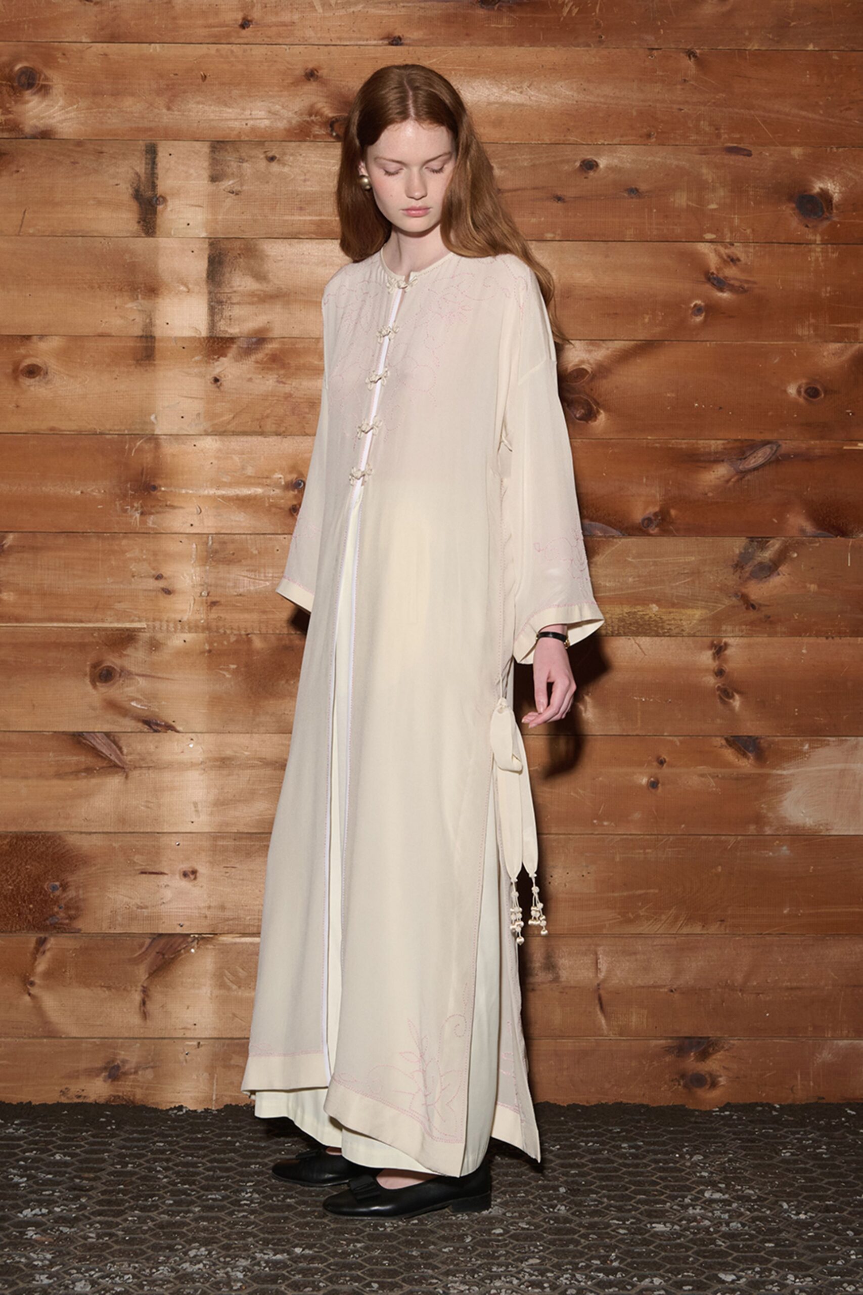 ivory silk long-sleeve collared relaxed embroidered maxi gown