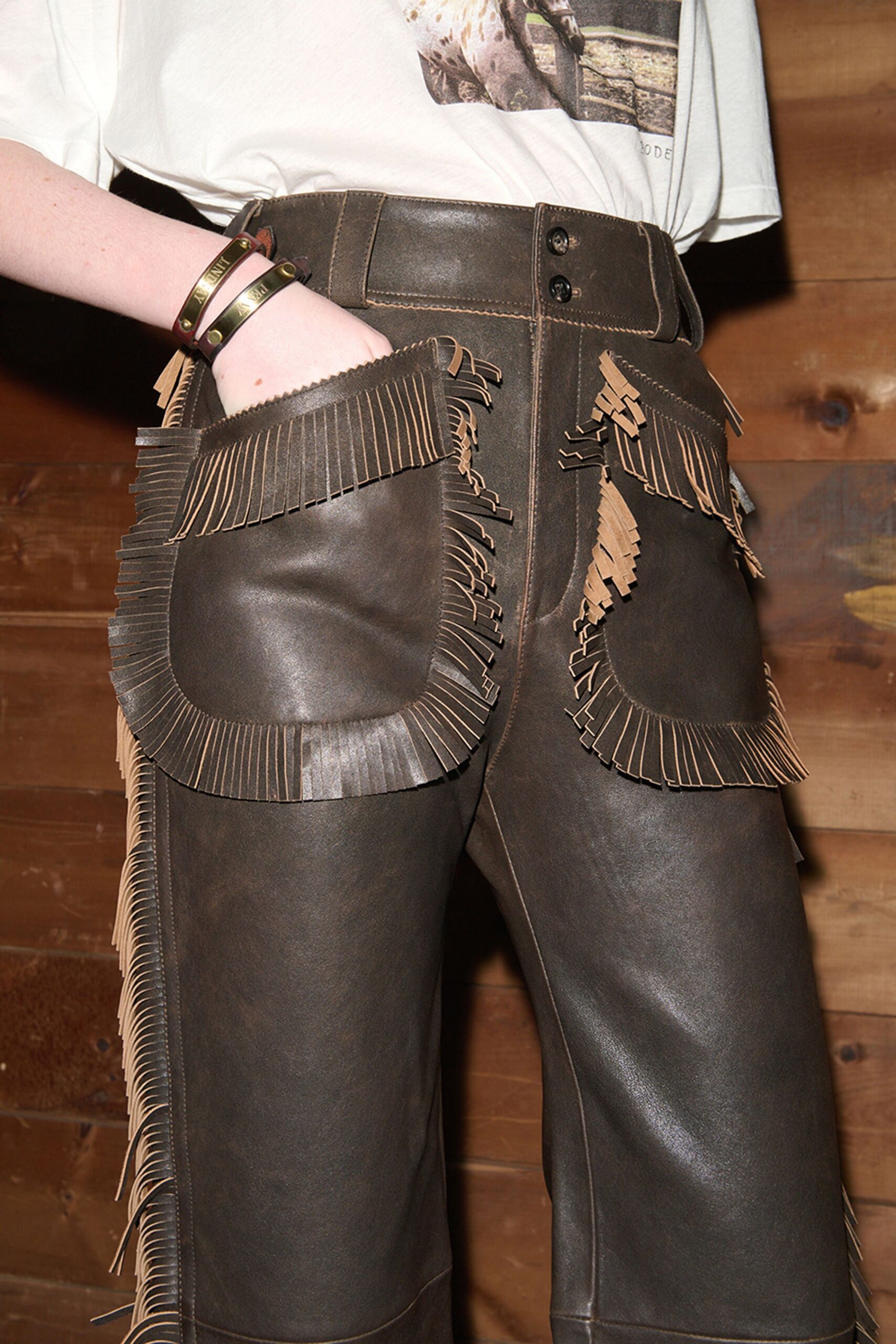 brown leather relaxed fringed pants