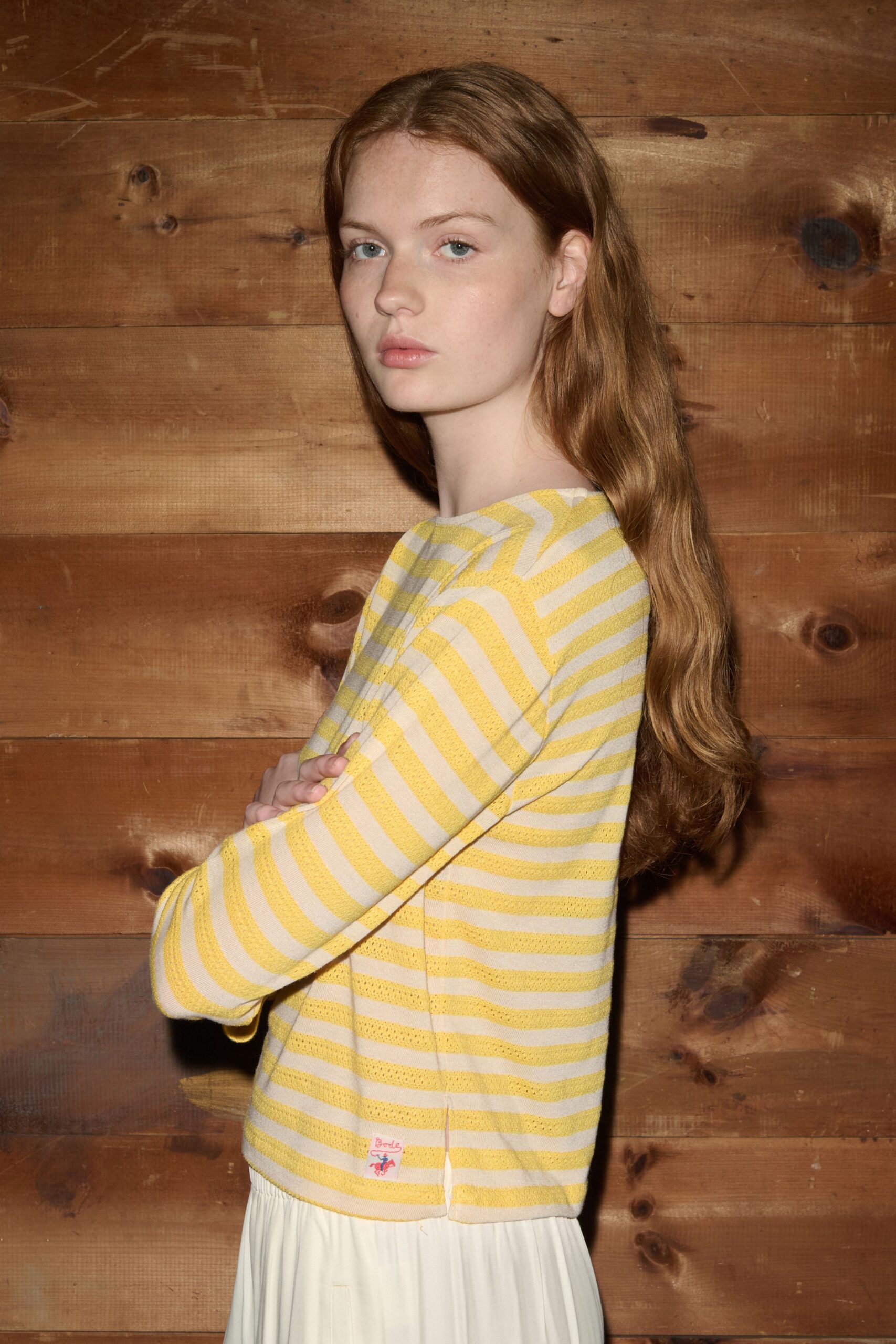 yellow cotton long-sleeve collared fitted striped top