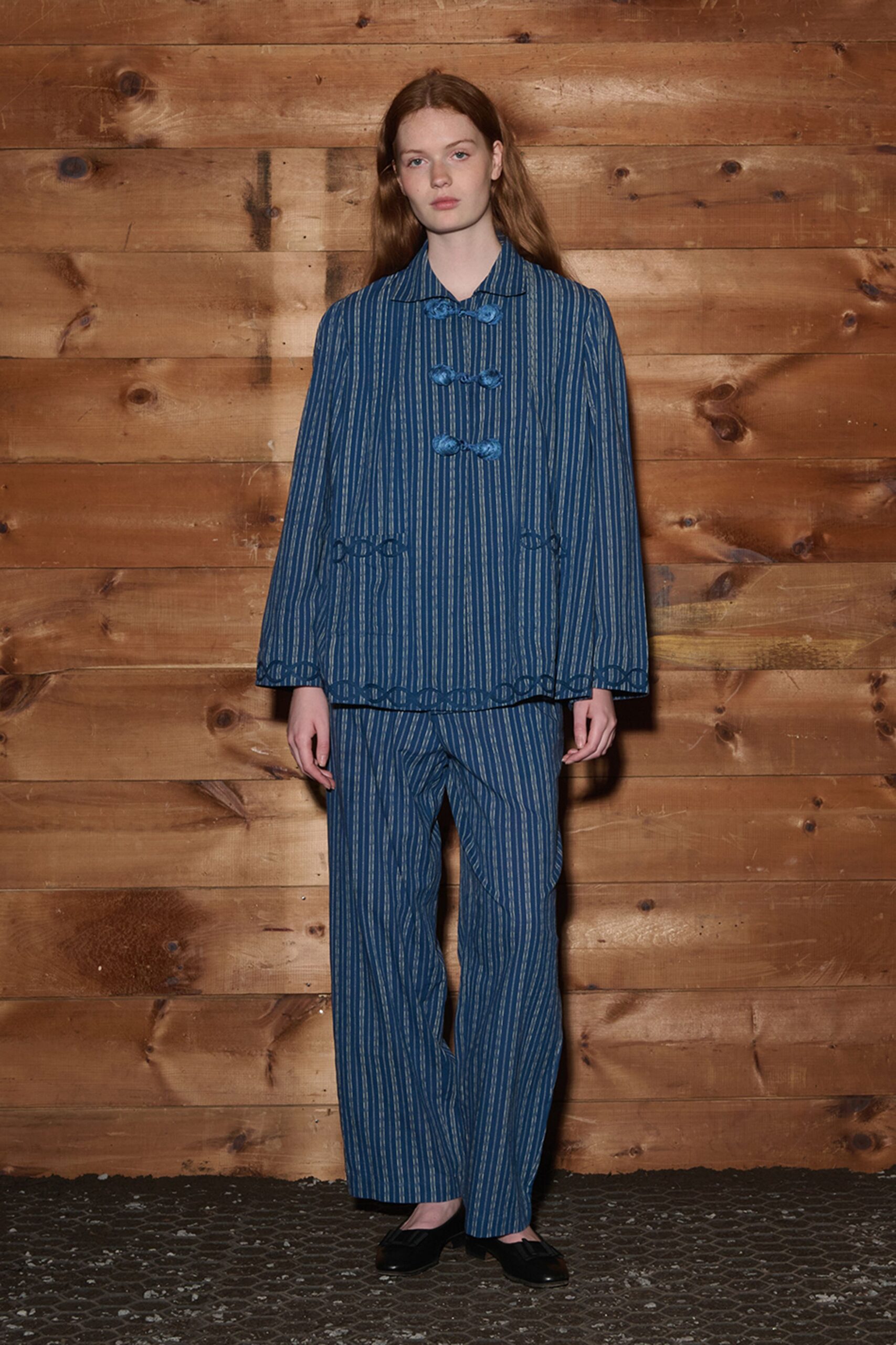 blue cotton relaxed striped pants