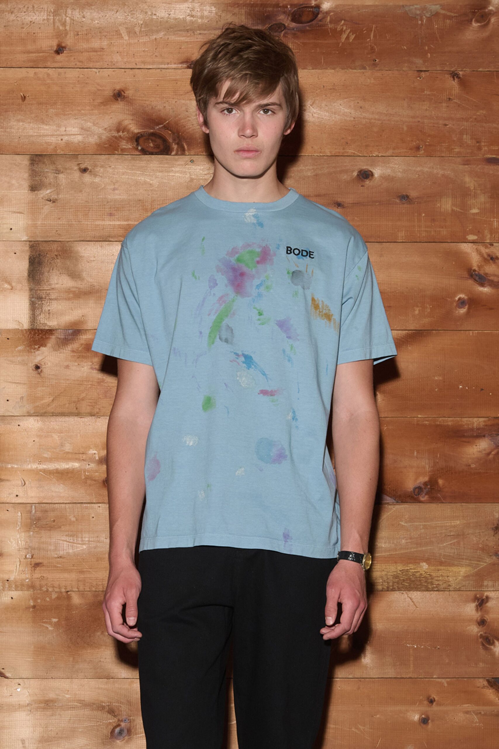 blue cotton short-sleeve collared relaxed printed t-shirt