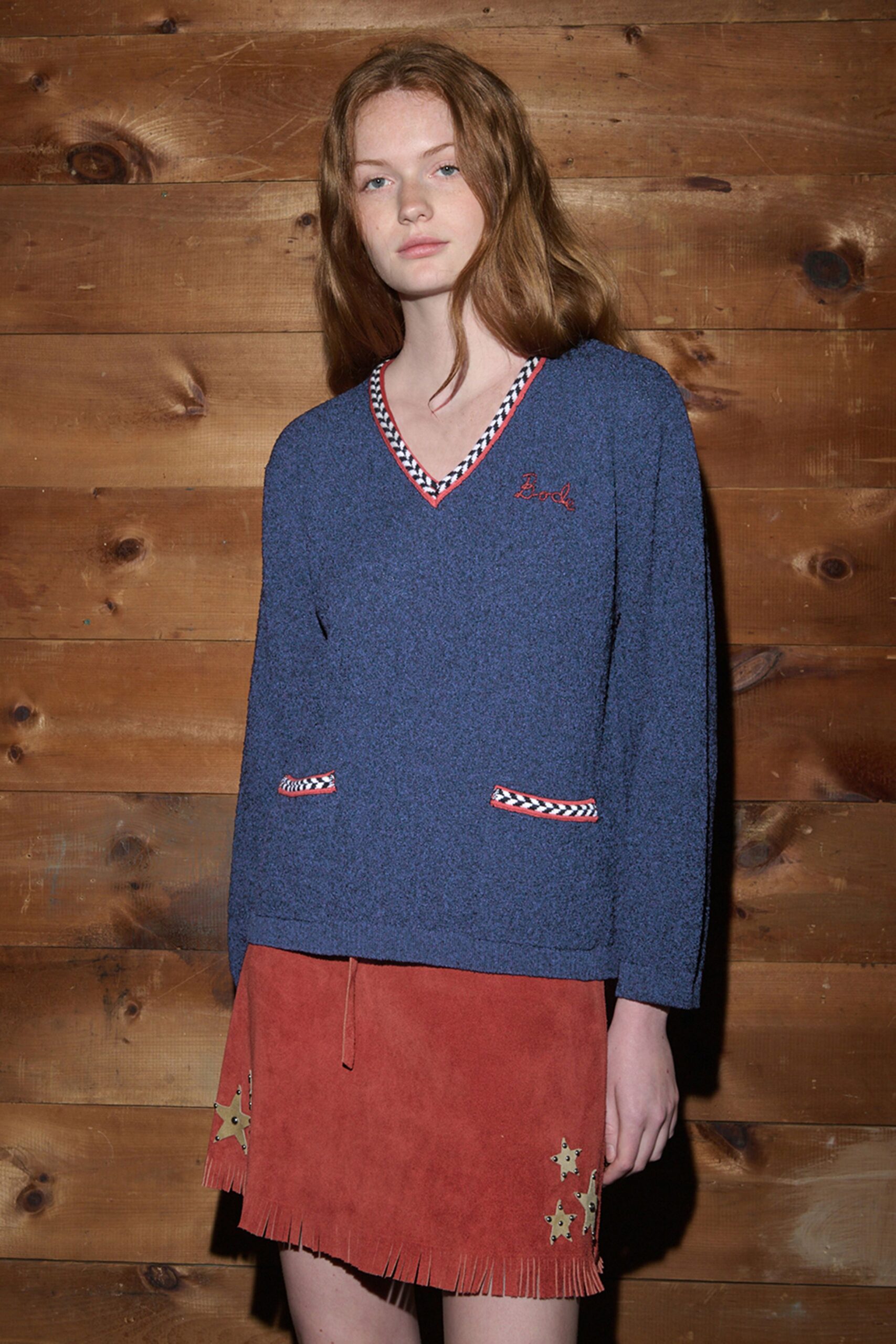 blue cotton long-sleeve v-neck relaxed pockets top