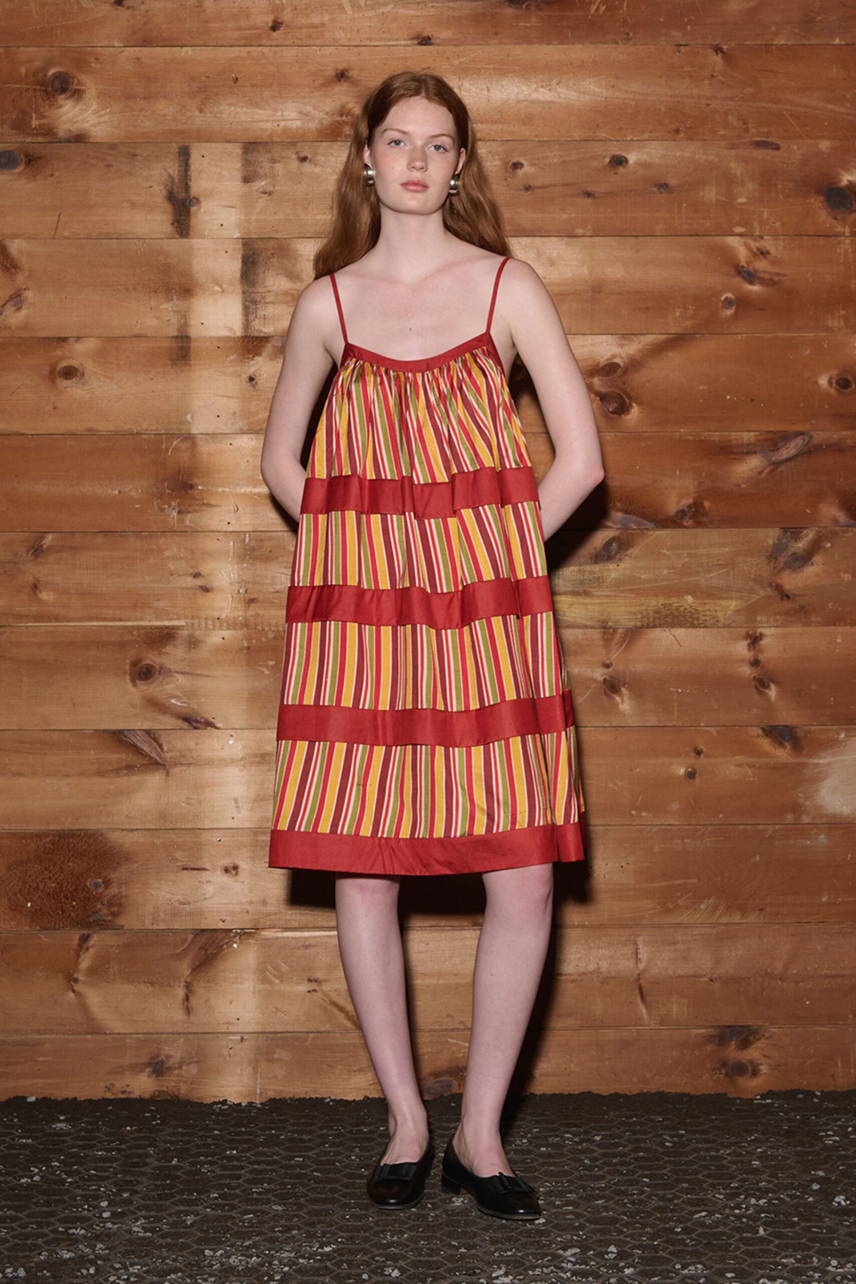 red unknown sleeveless spaghetti-strap striped tiered flowing midi-dress