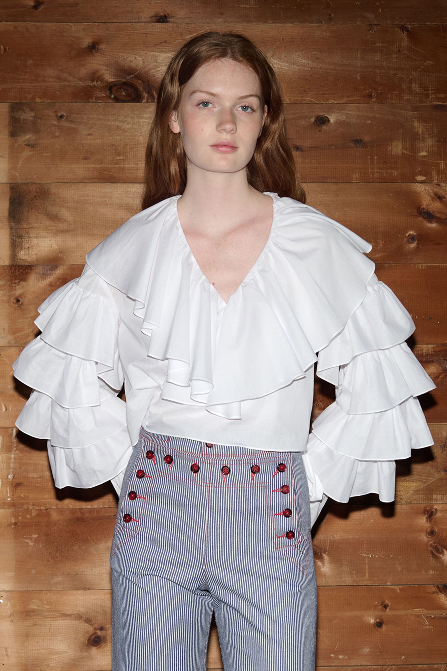 blue cotton high-waisted striped buttoned pants