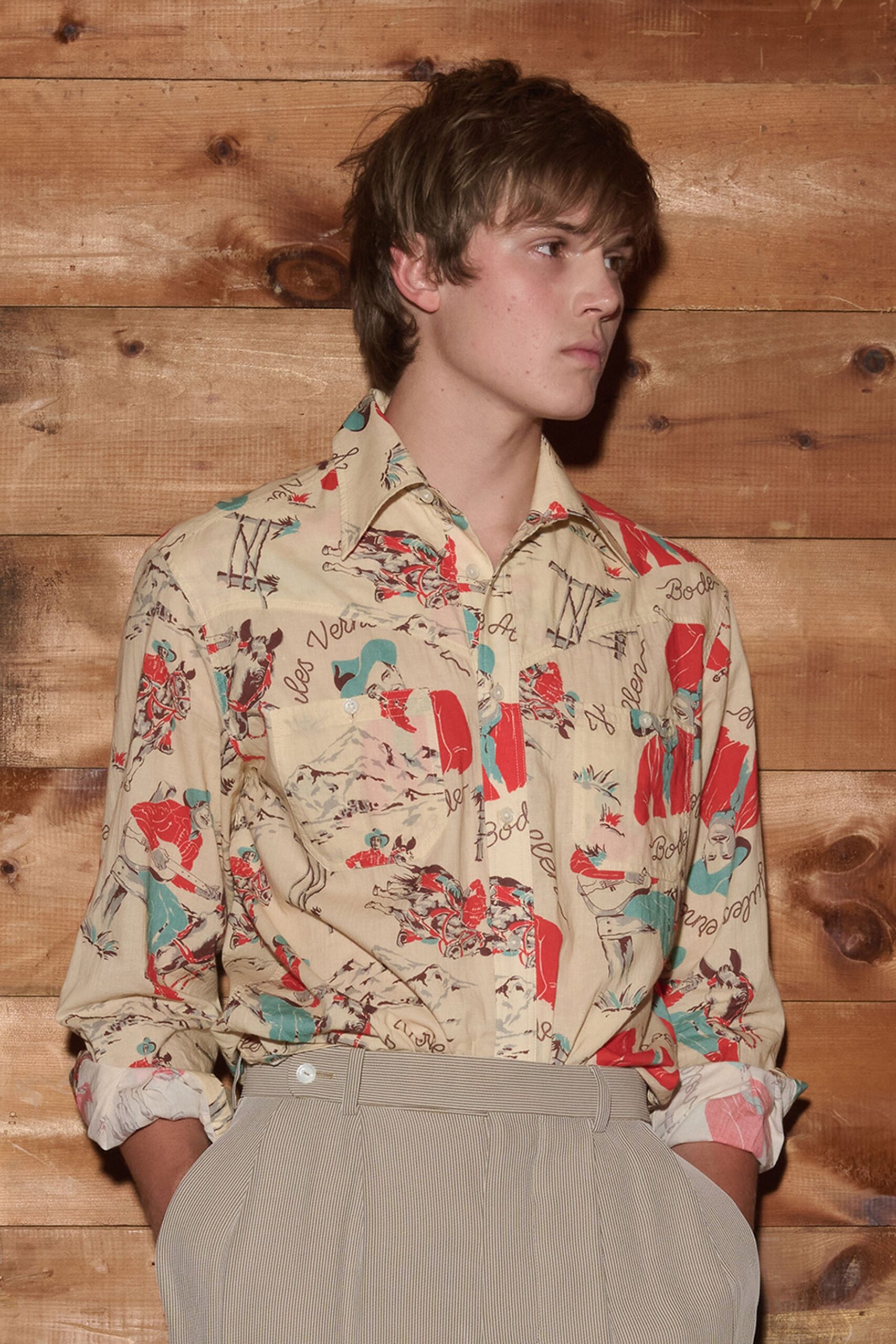 beige unknown collared long-sleeve printed buttoned shirt