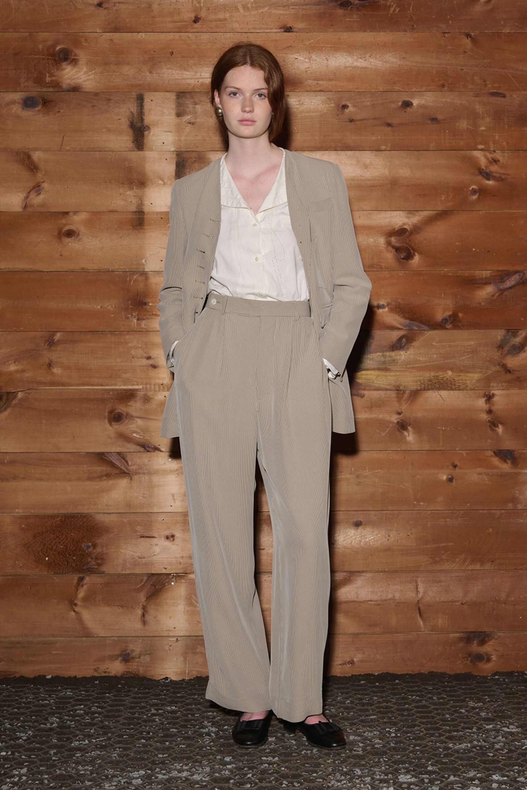 beige unknown long-sleeve open-front tailored pinstriped blazer
