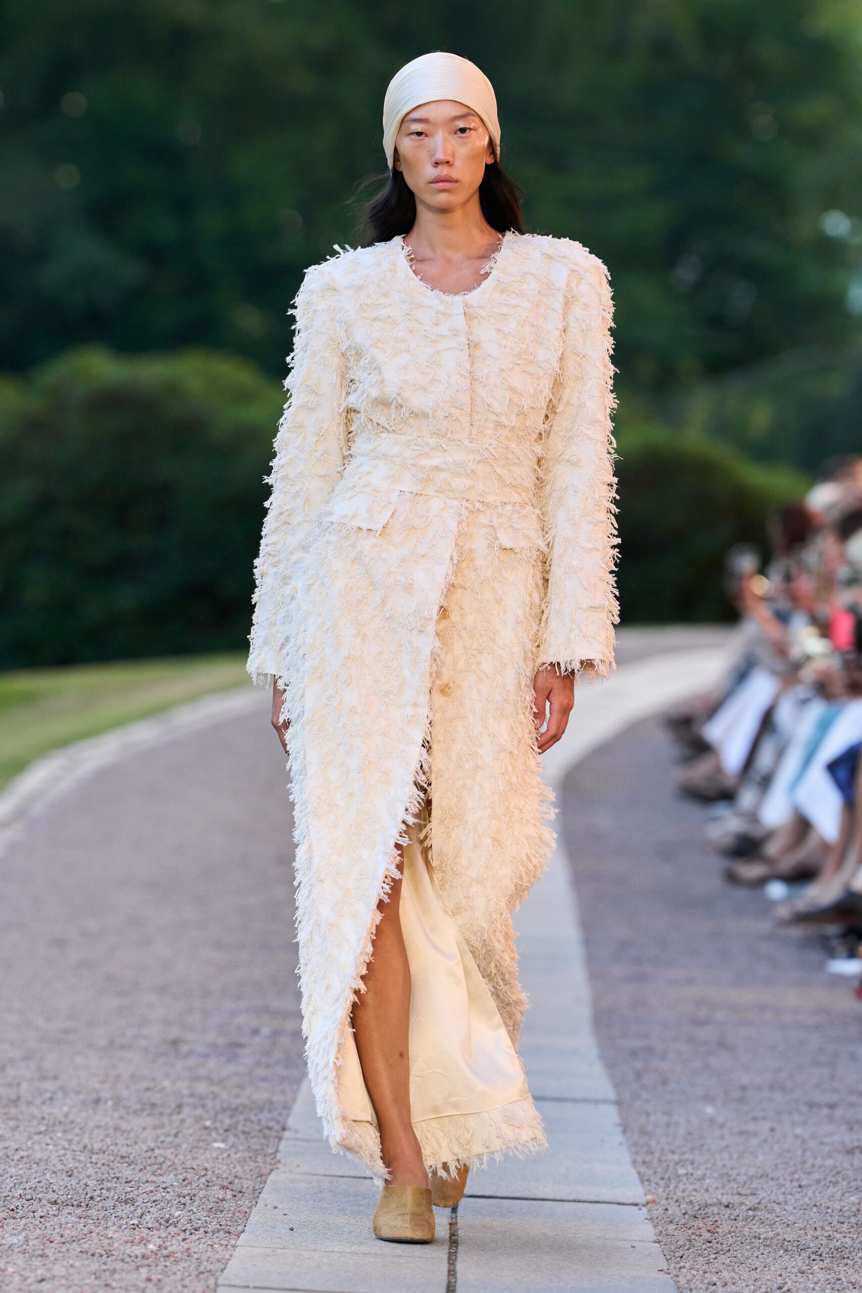 white silk long-sleeve collared fitted fringed layered dress