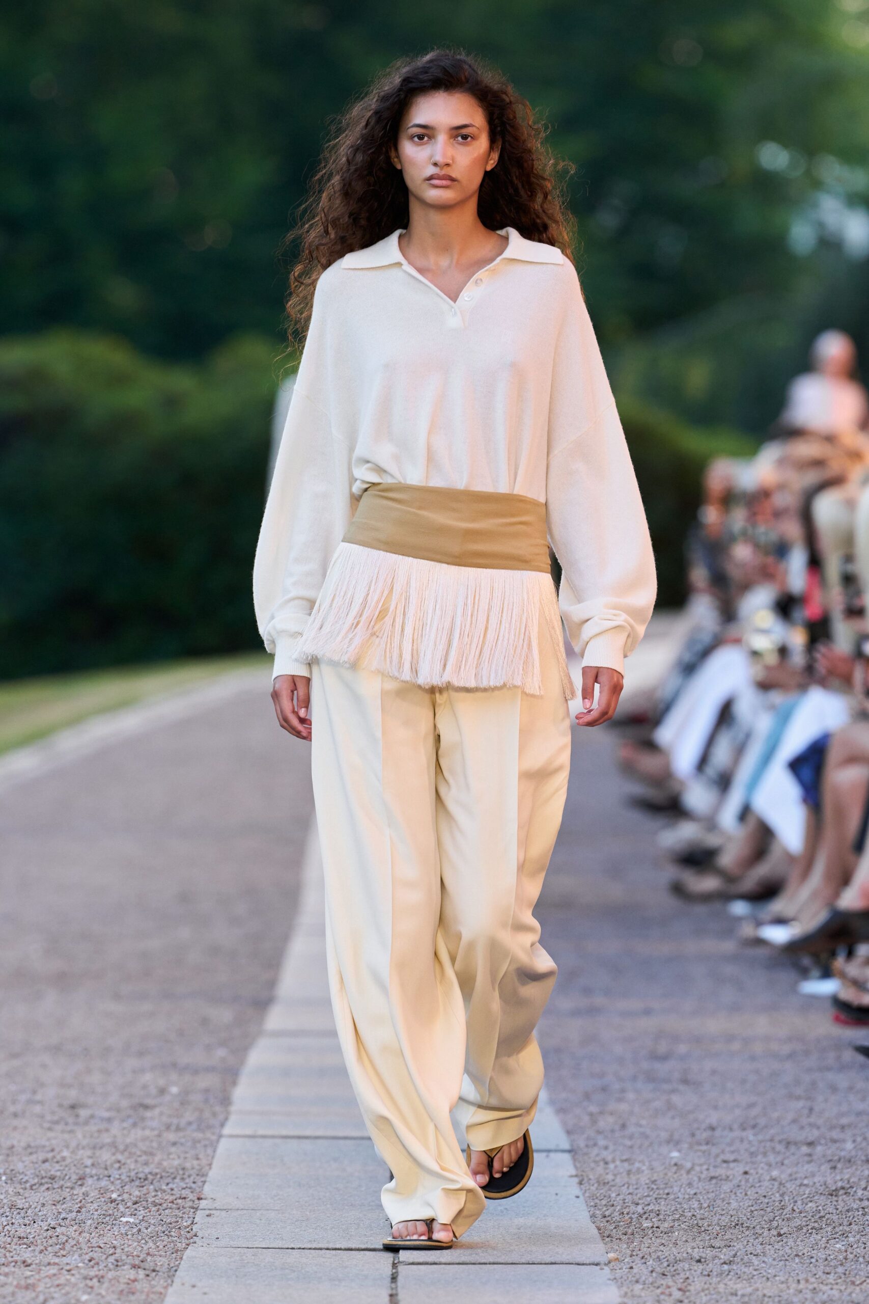 white cotton long-sleeve collared relaxed fringed top