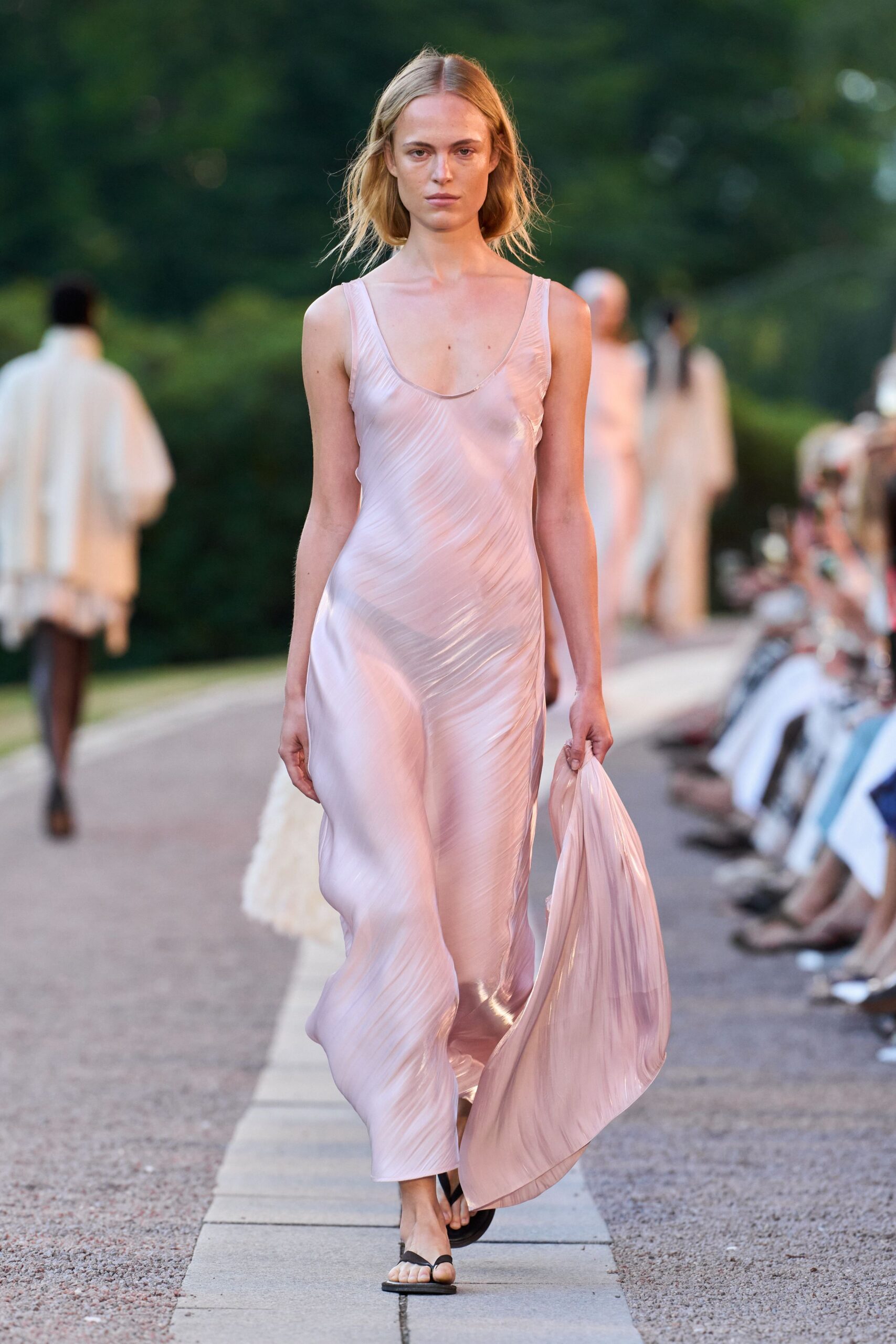 pink silk sleeveless v-neck fitted flowing sheer dress