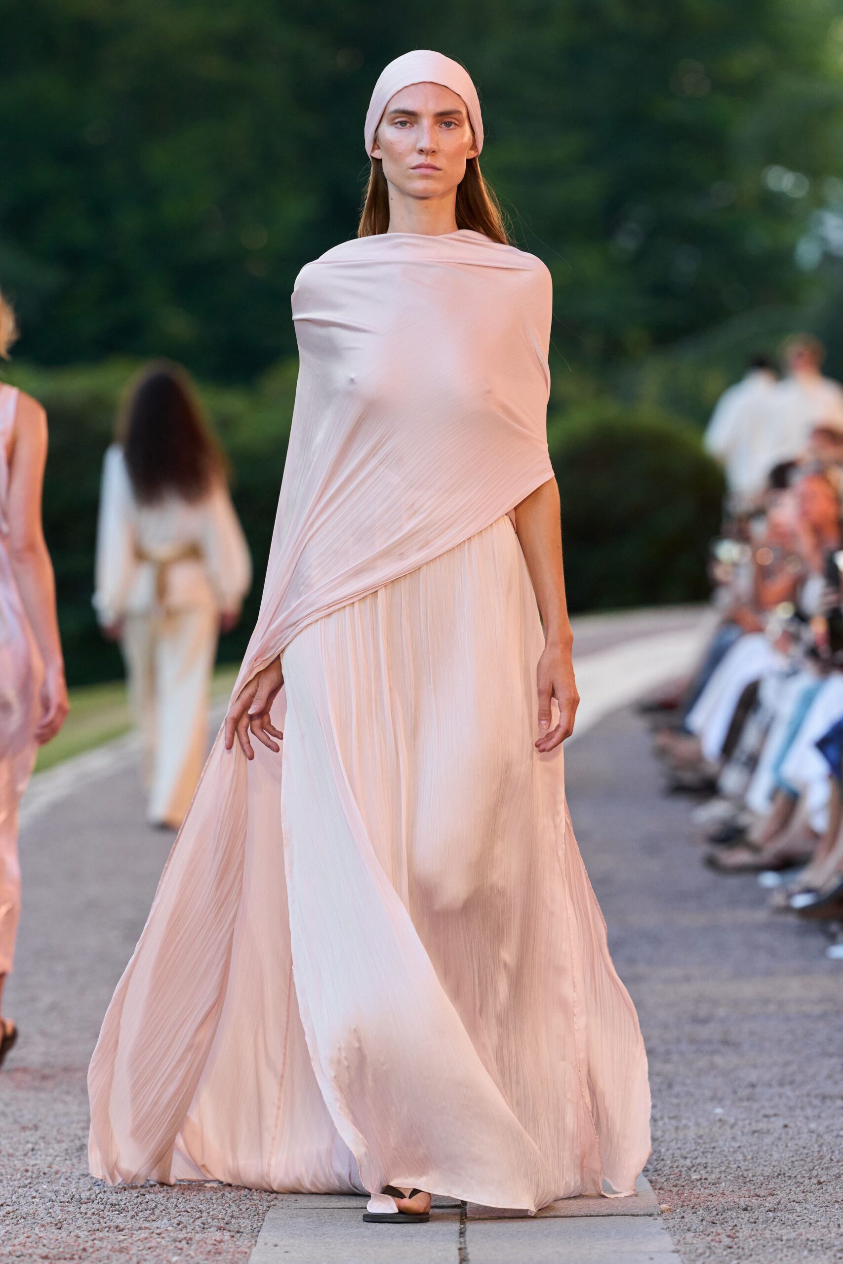 pink silk pleated gown