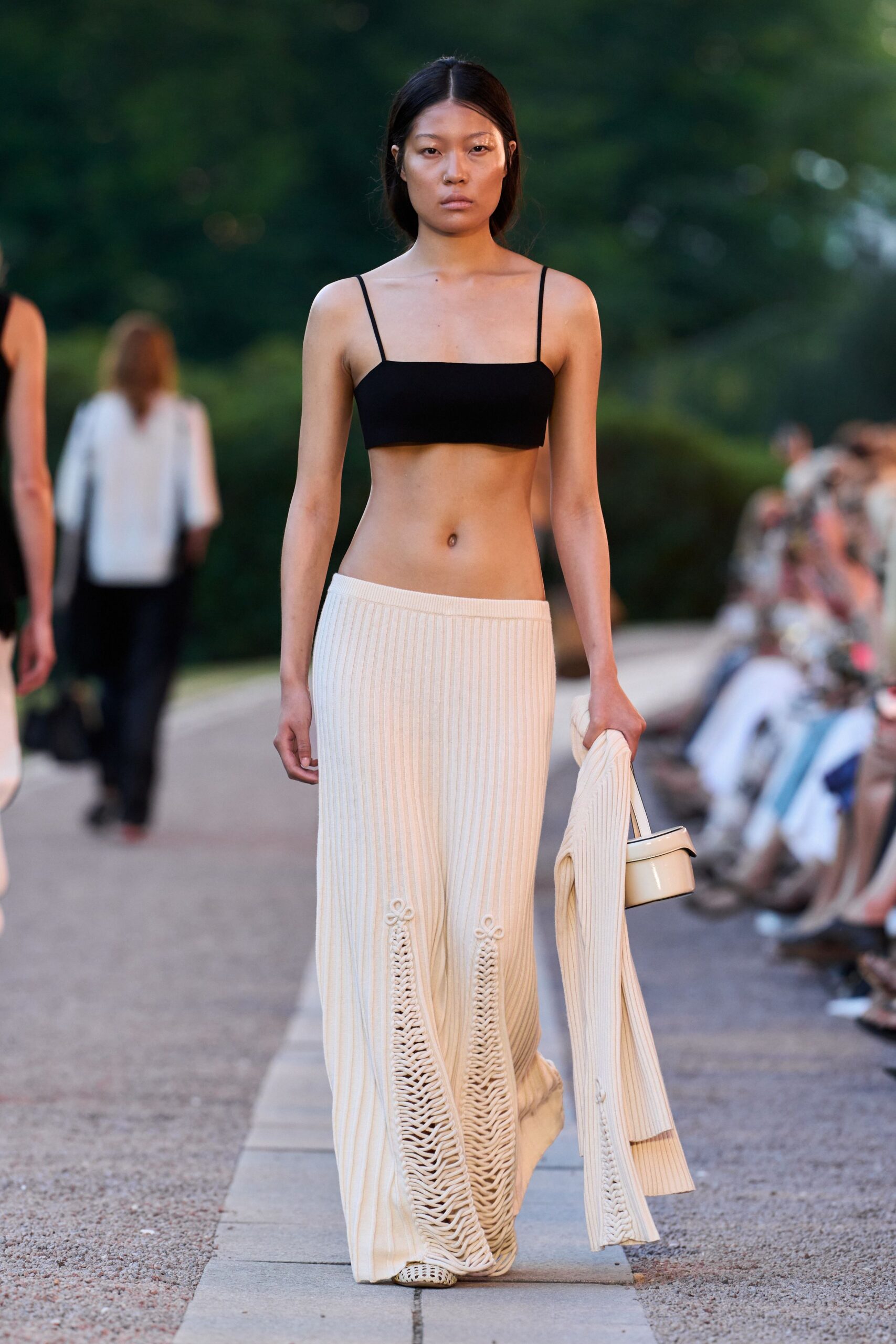 beige cotton slit fitted ribbed maxi skirt