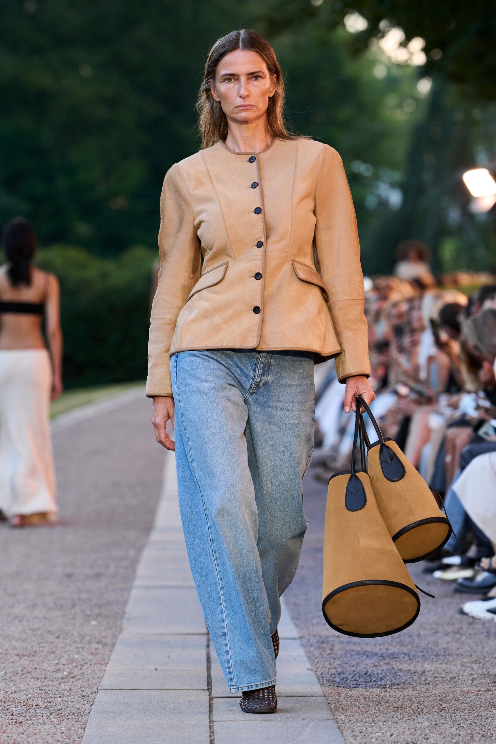 beige leather long-sleeve collared structured buttoned jacket