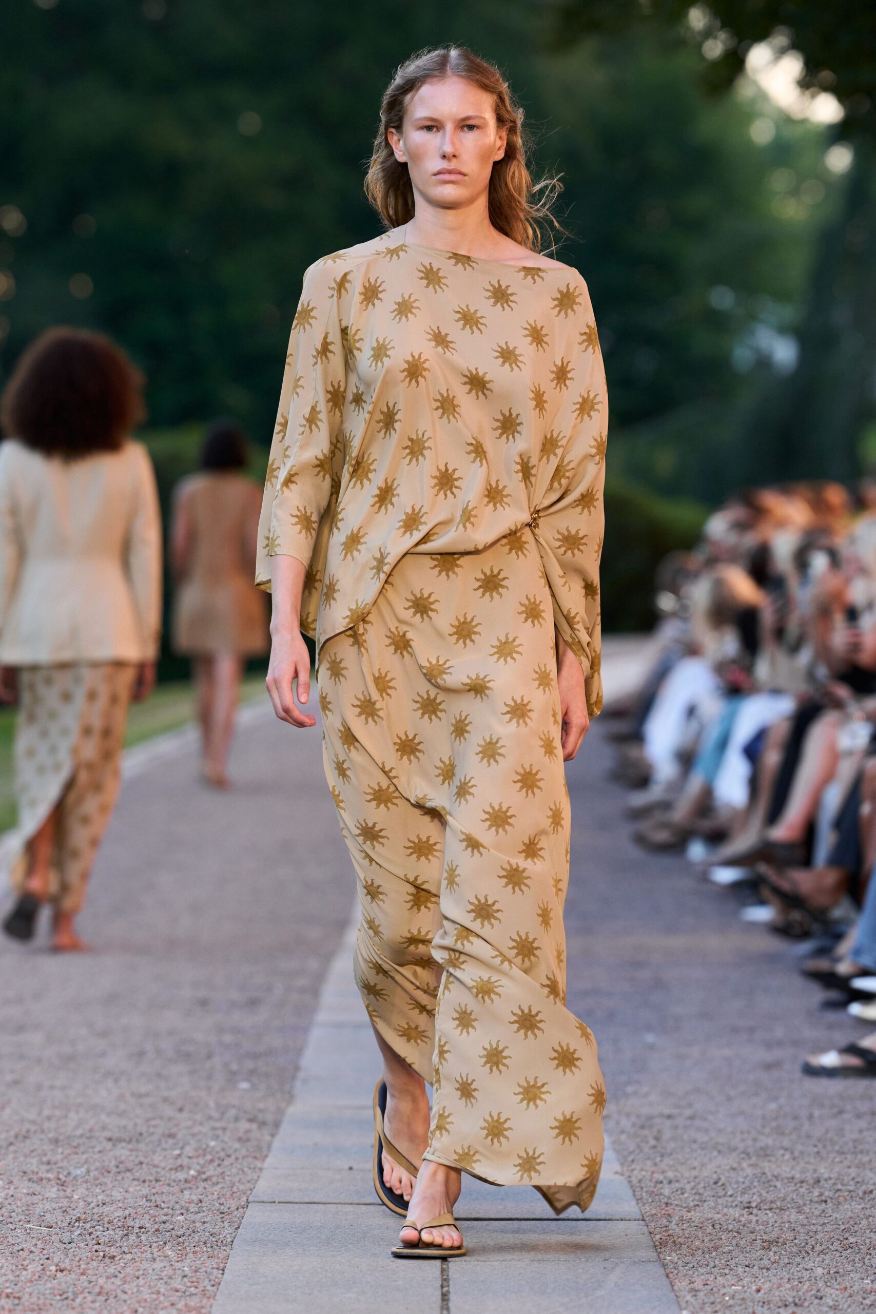 beige cotton long-sleeve high-neck relaxed printed maxi dress