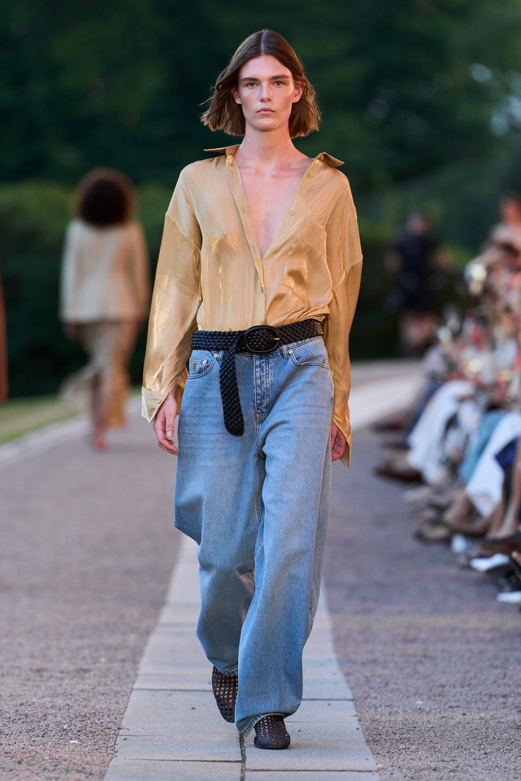 gold silk long-sleeve v-neck relaxed shiny shirt