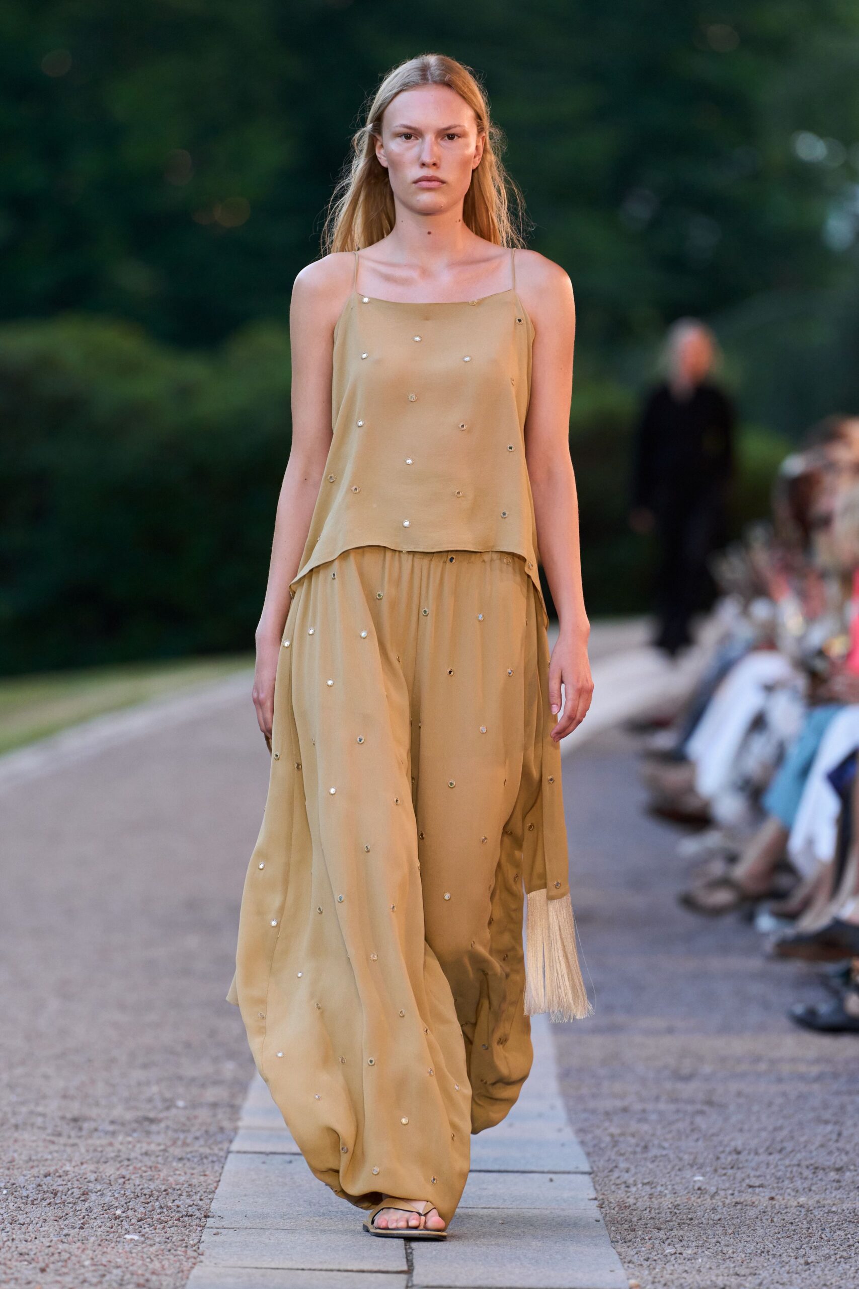yellow silk sleeveless v-neck relaxed layered embroidered dress