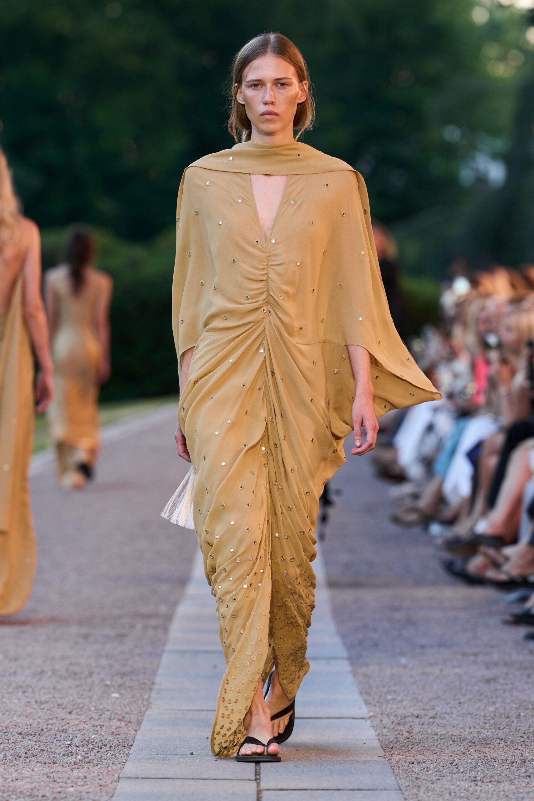 gold silk sleeveless high-neck fitted draped embroidered gown