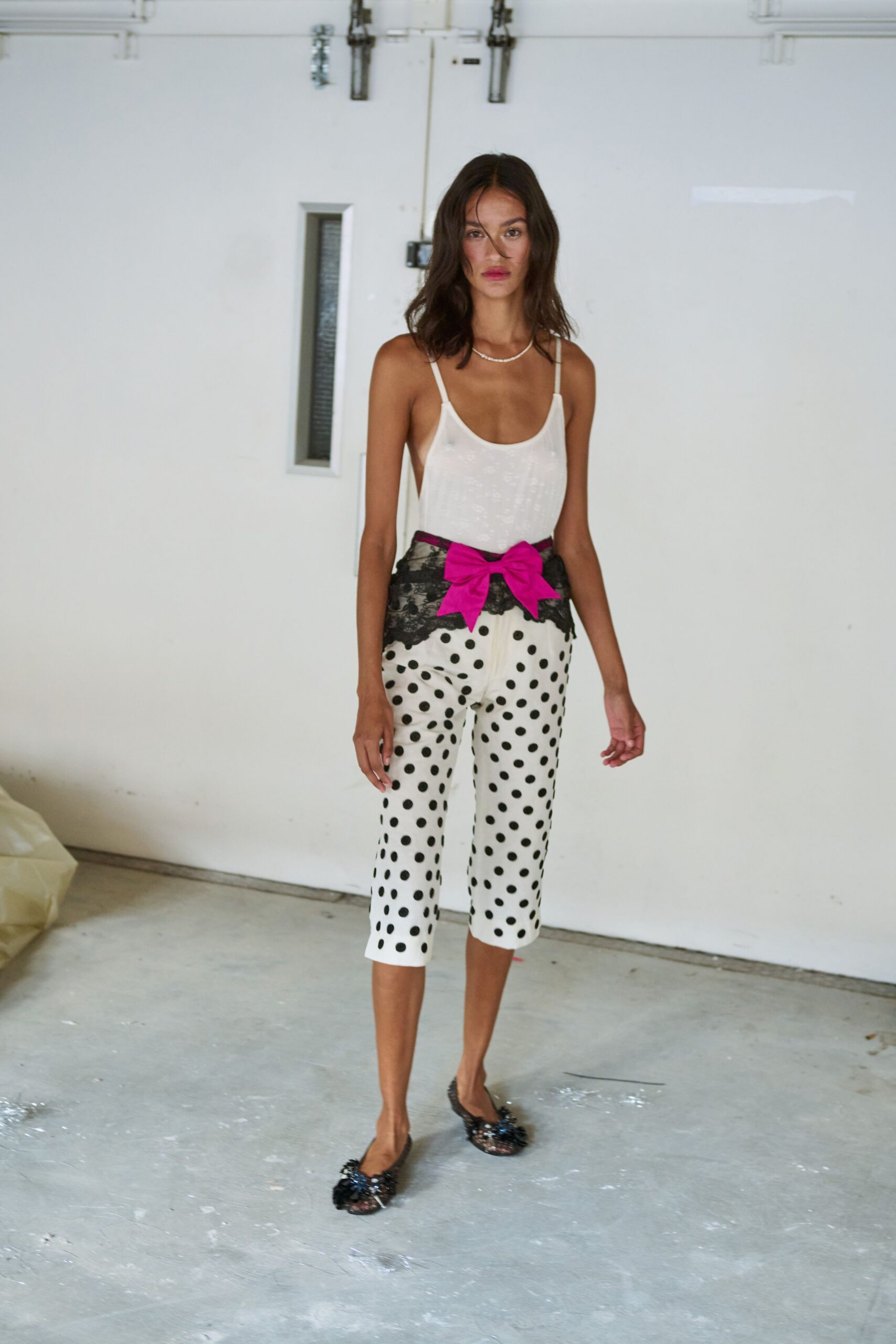 white unknown high-waisted polka-dot straight-leg pants