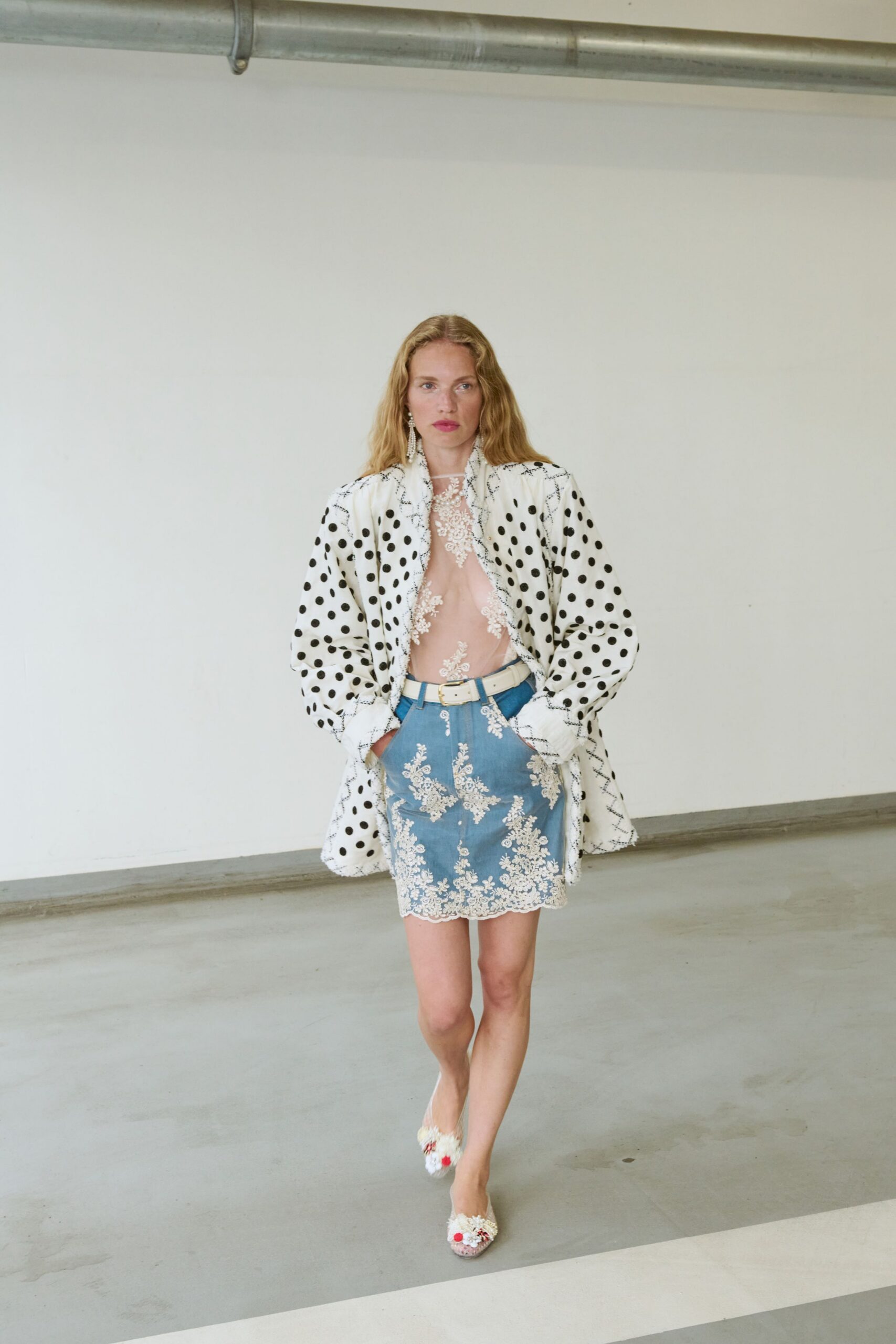 blue denim fitted embroidered mini skirt