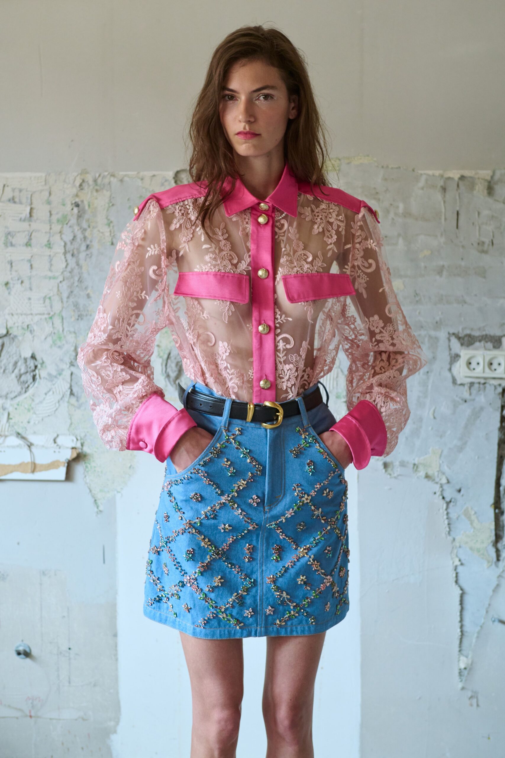 pink cotton long-sleeve collared fitted embroidered sheer shirt