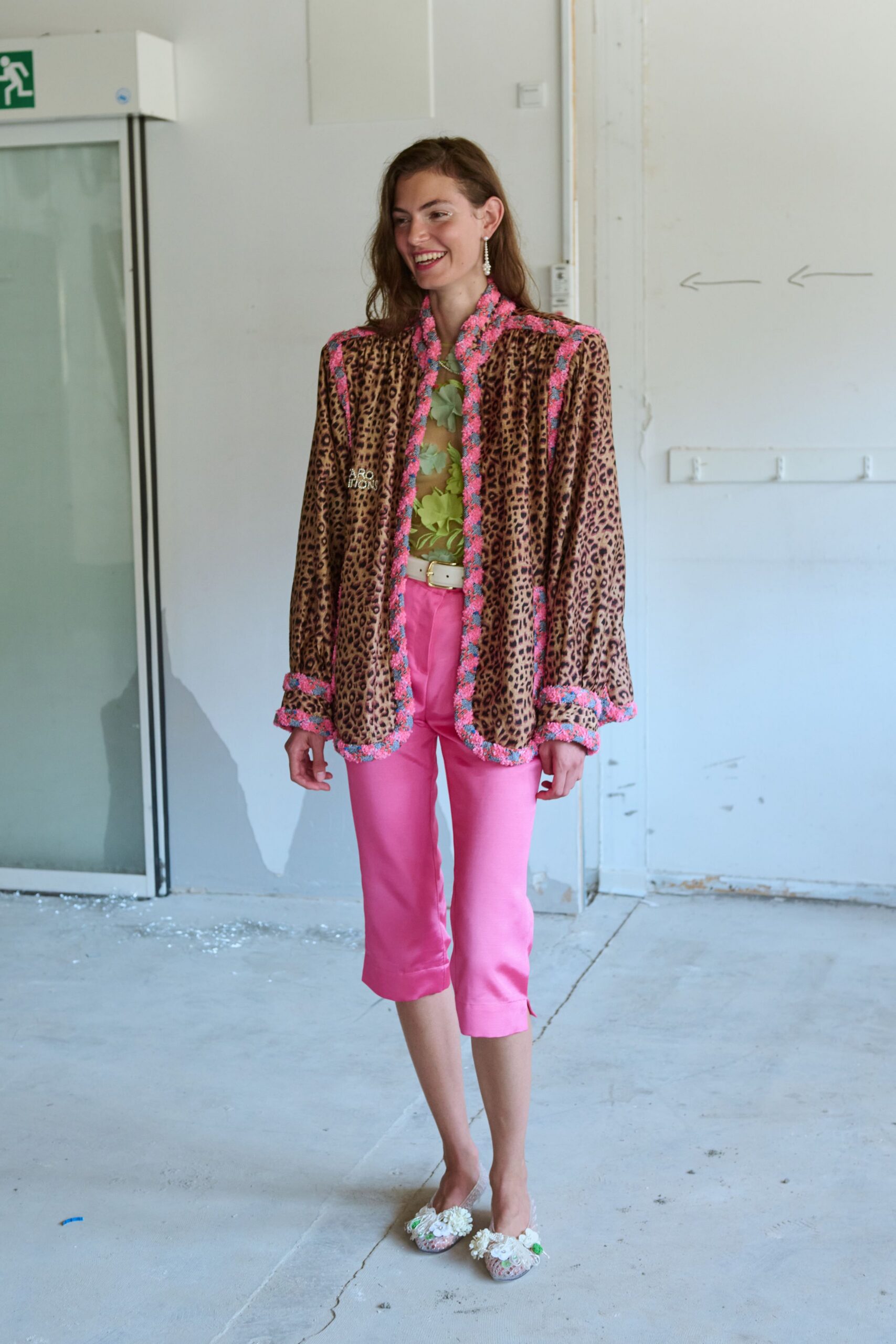 brown silk long-sleeve collared relaxed animal-print fringed jacket
