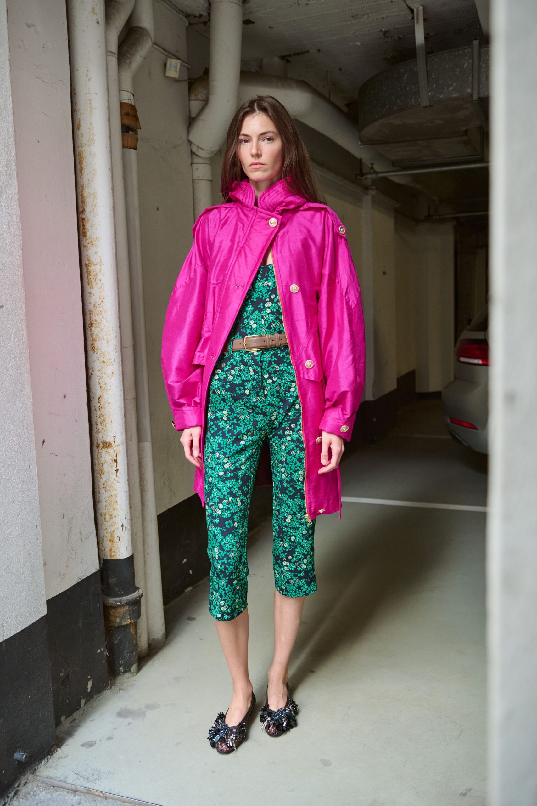 pink silk long-sleeve collared relaxed buttoned coat