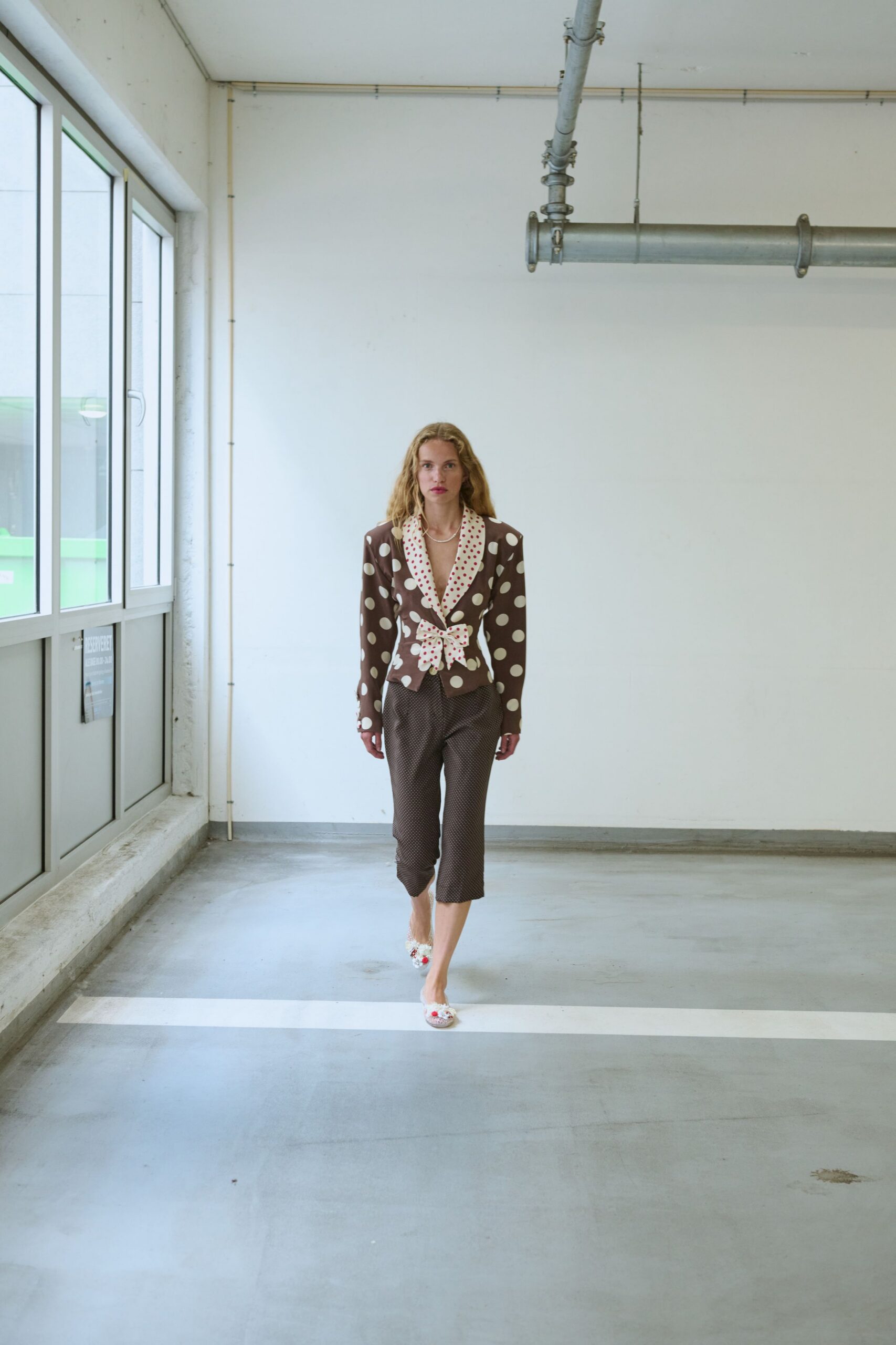 brown long-sleeve collared tailored polka-dot buttoned blazer