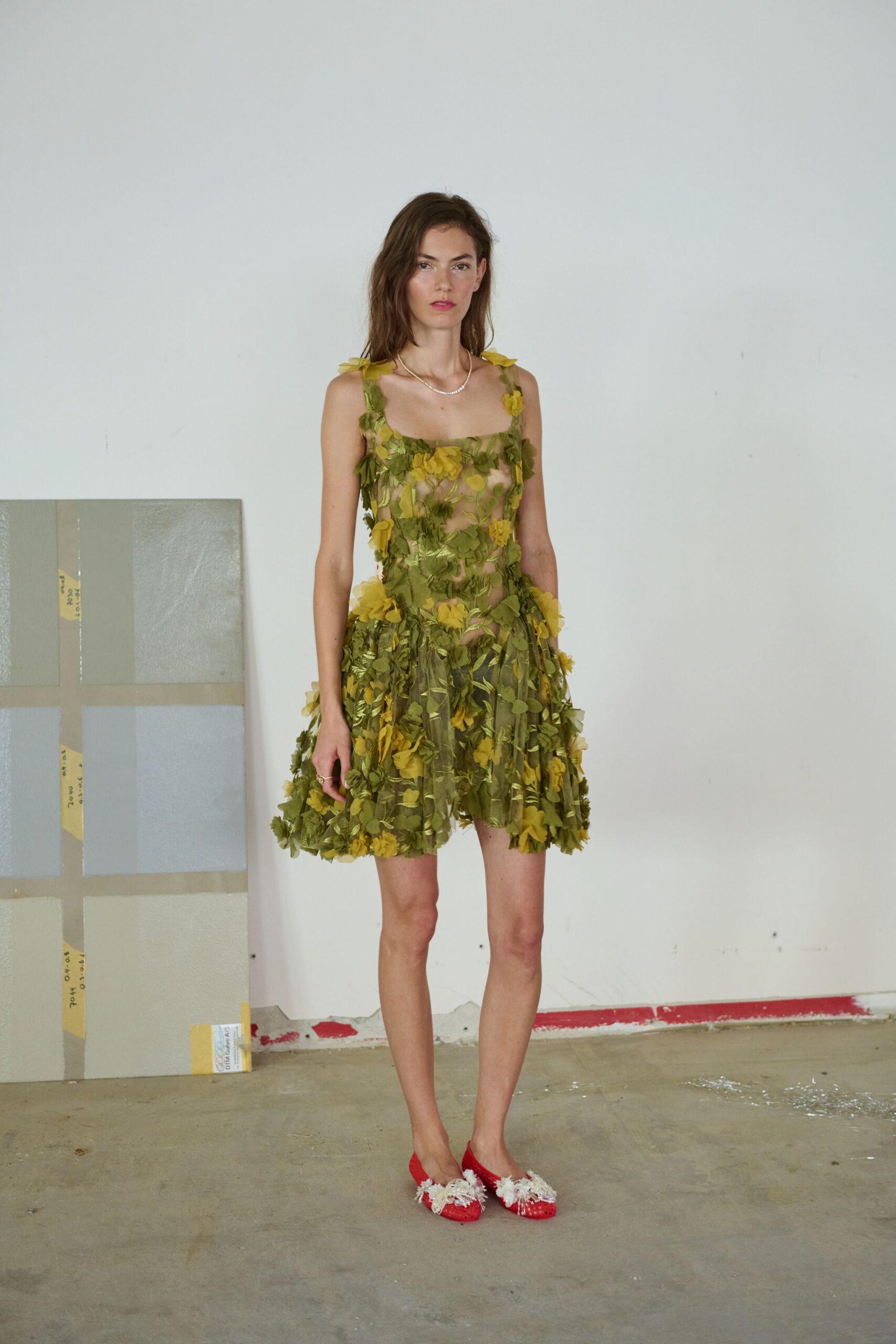 green silk sleeveless fitted layered flared sheer dress