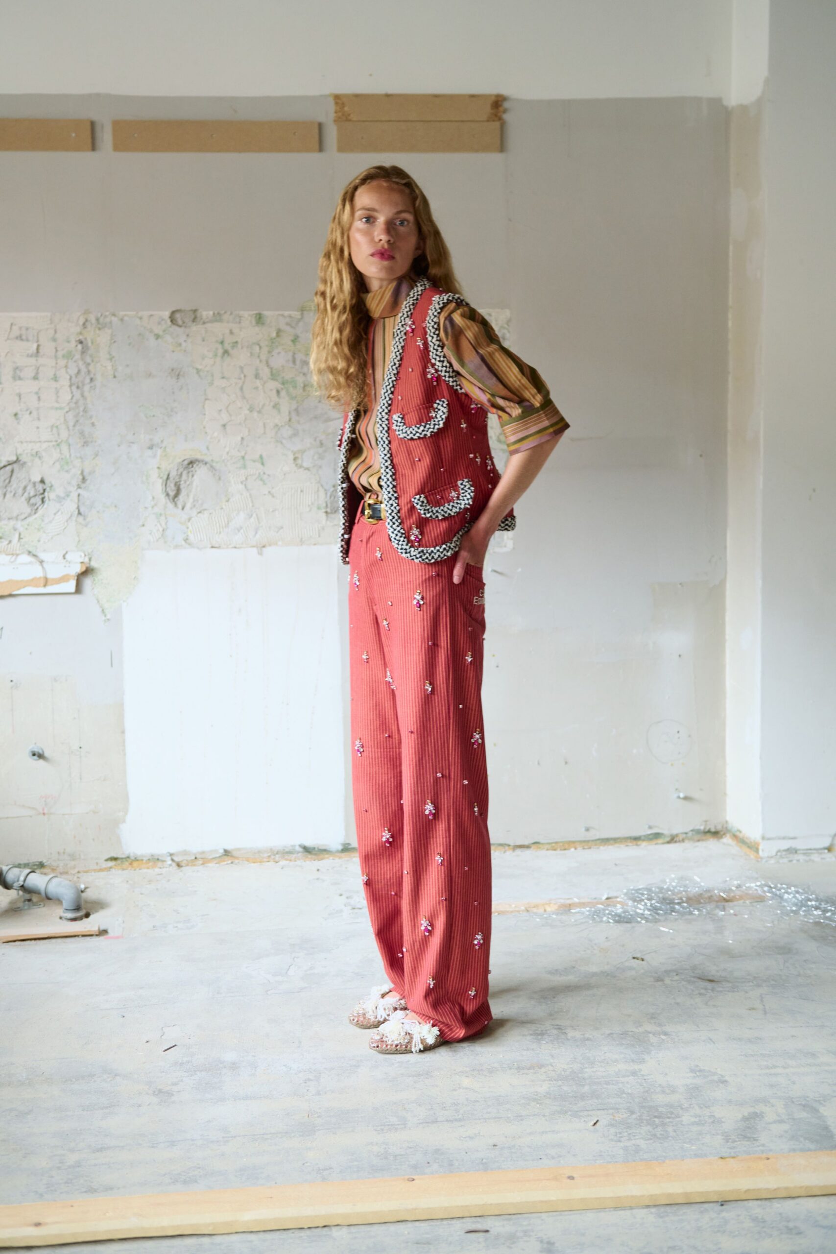 red cotton relaxed striped pants