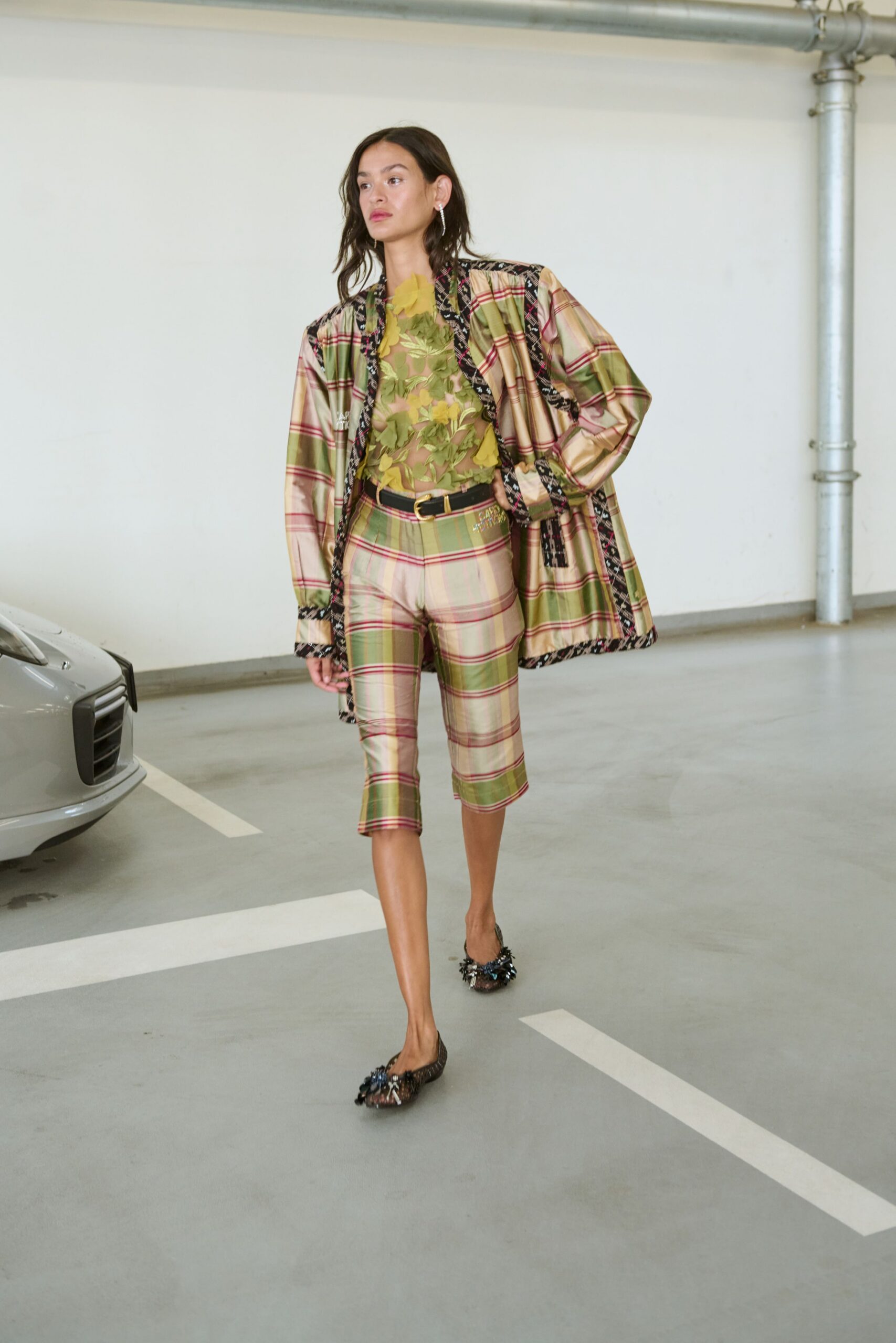 green silk long-sleeve collared relaxed printed jacket
