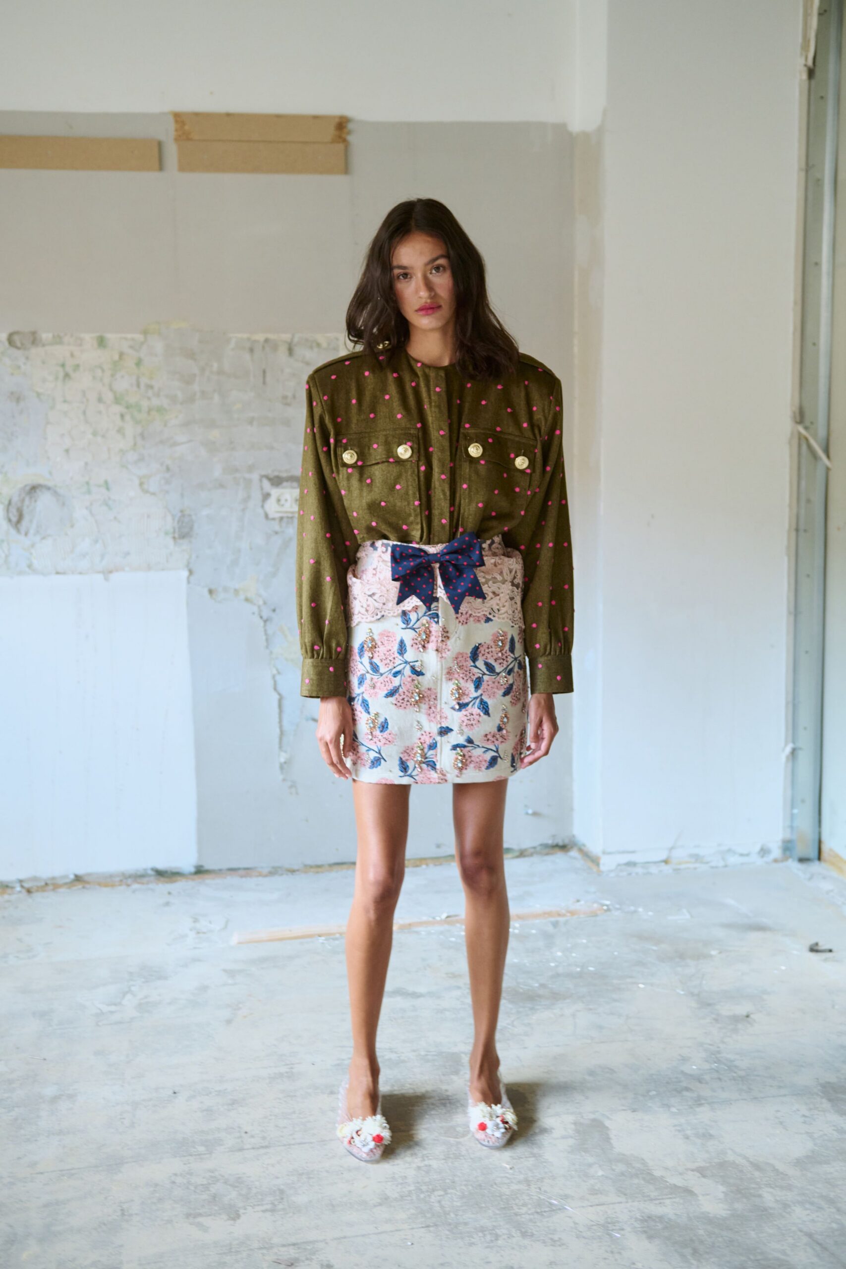 pink cotton fitted flared embroidered mini skirt
