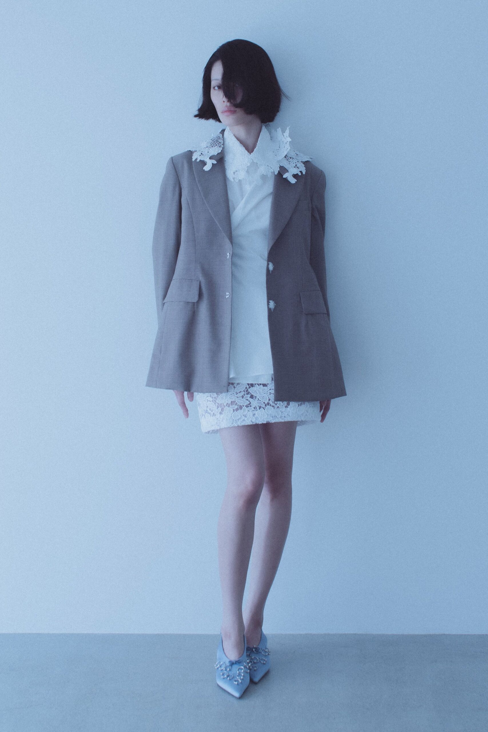 beige blazer white shirt mini skirt