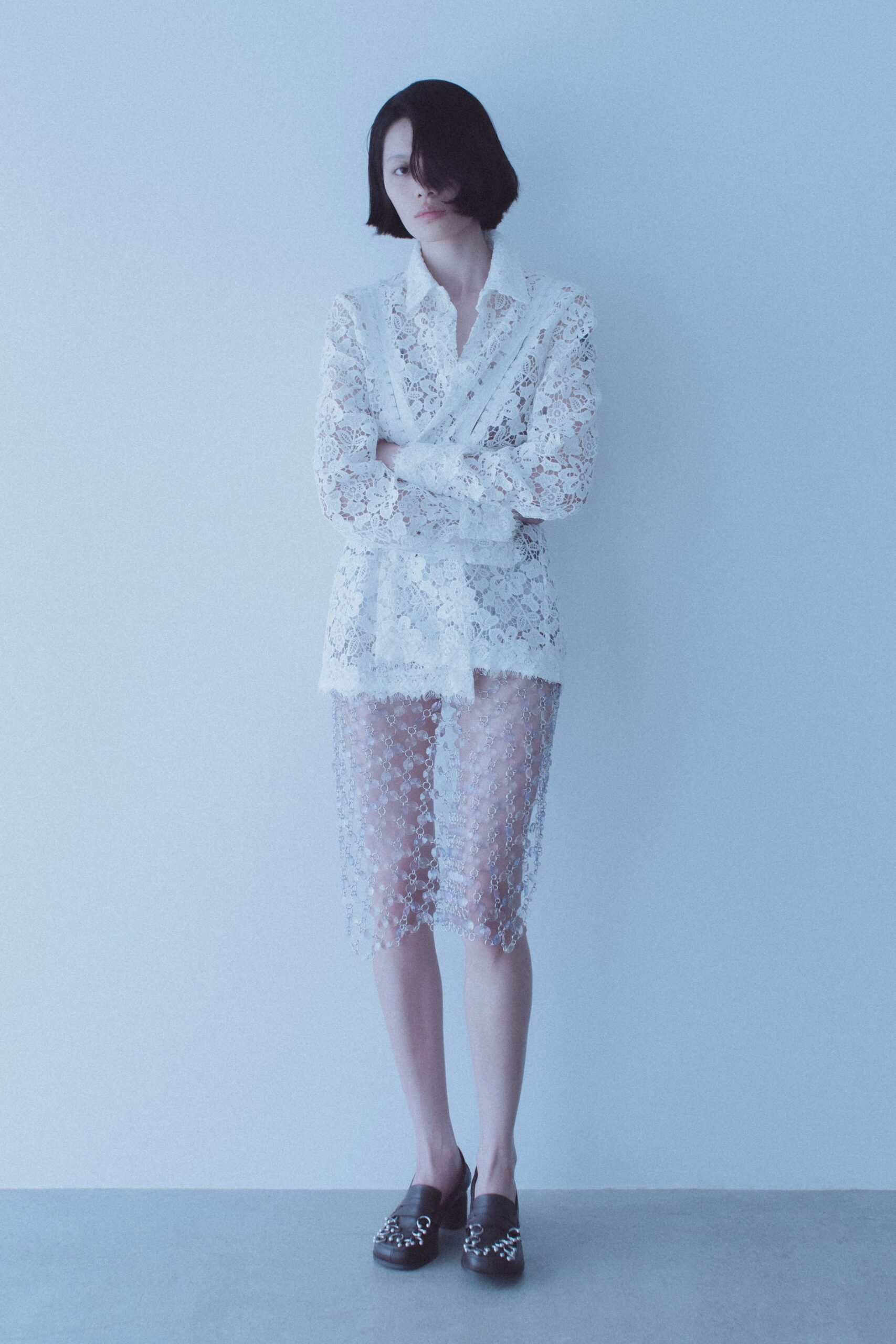 white lace blazer and midi skirt