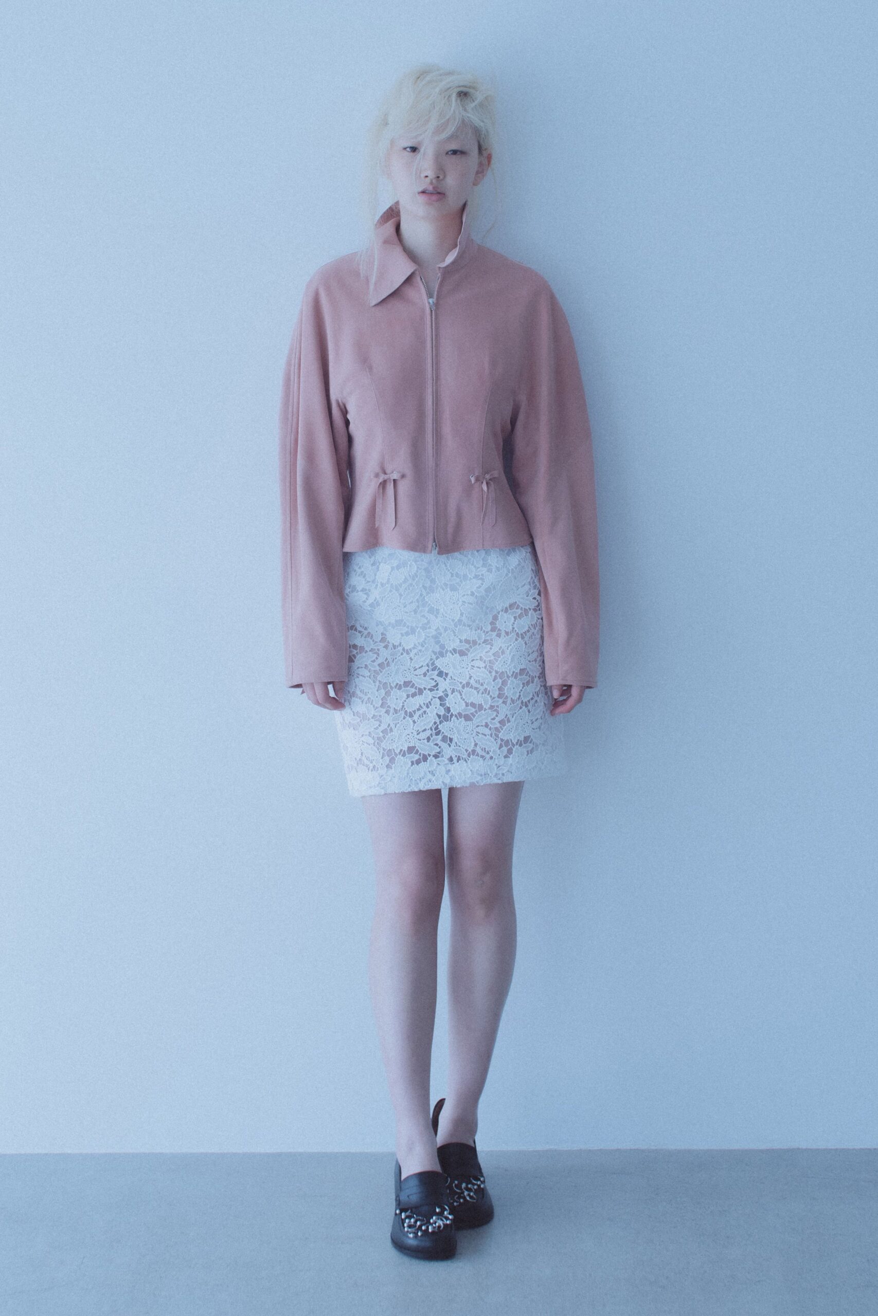 pink leather long-sleeve collared oversized zippered jacket
