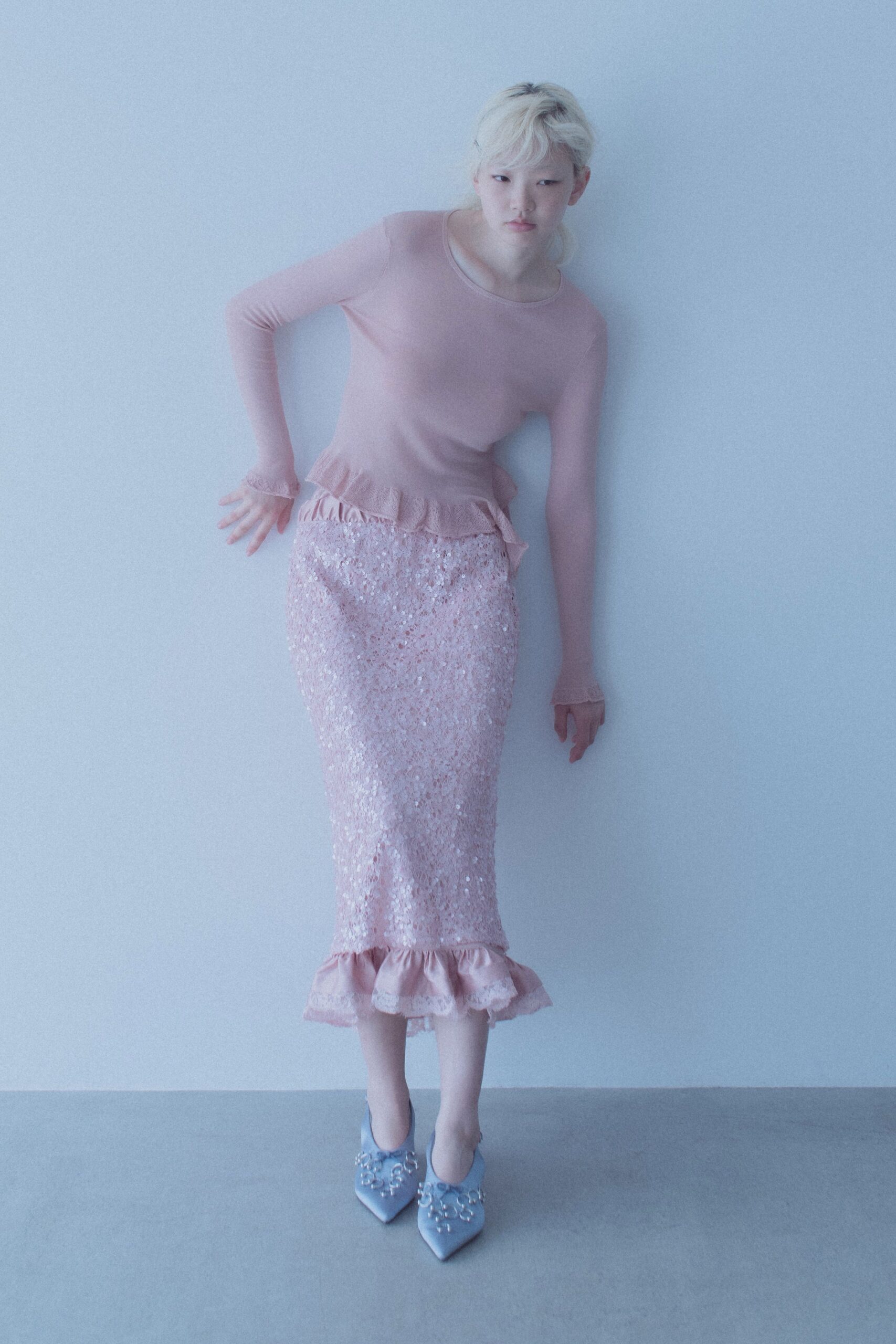 pink silk top with lace skirt