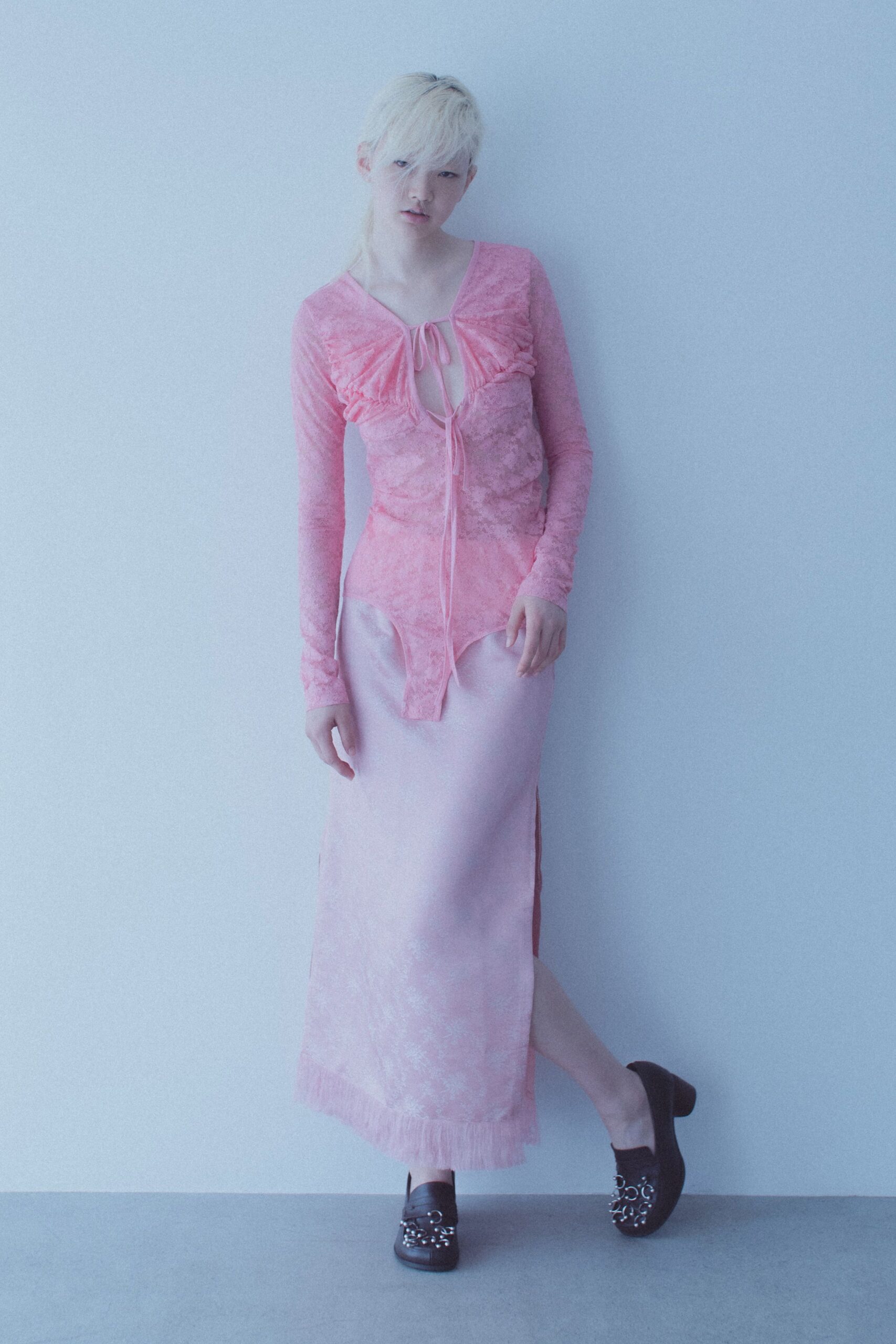 pink lace maxi dress with embellished shoes