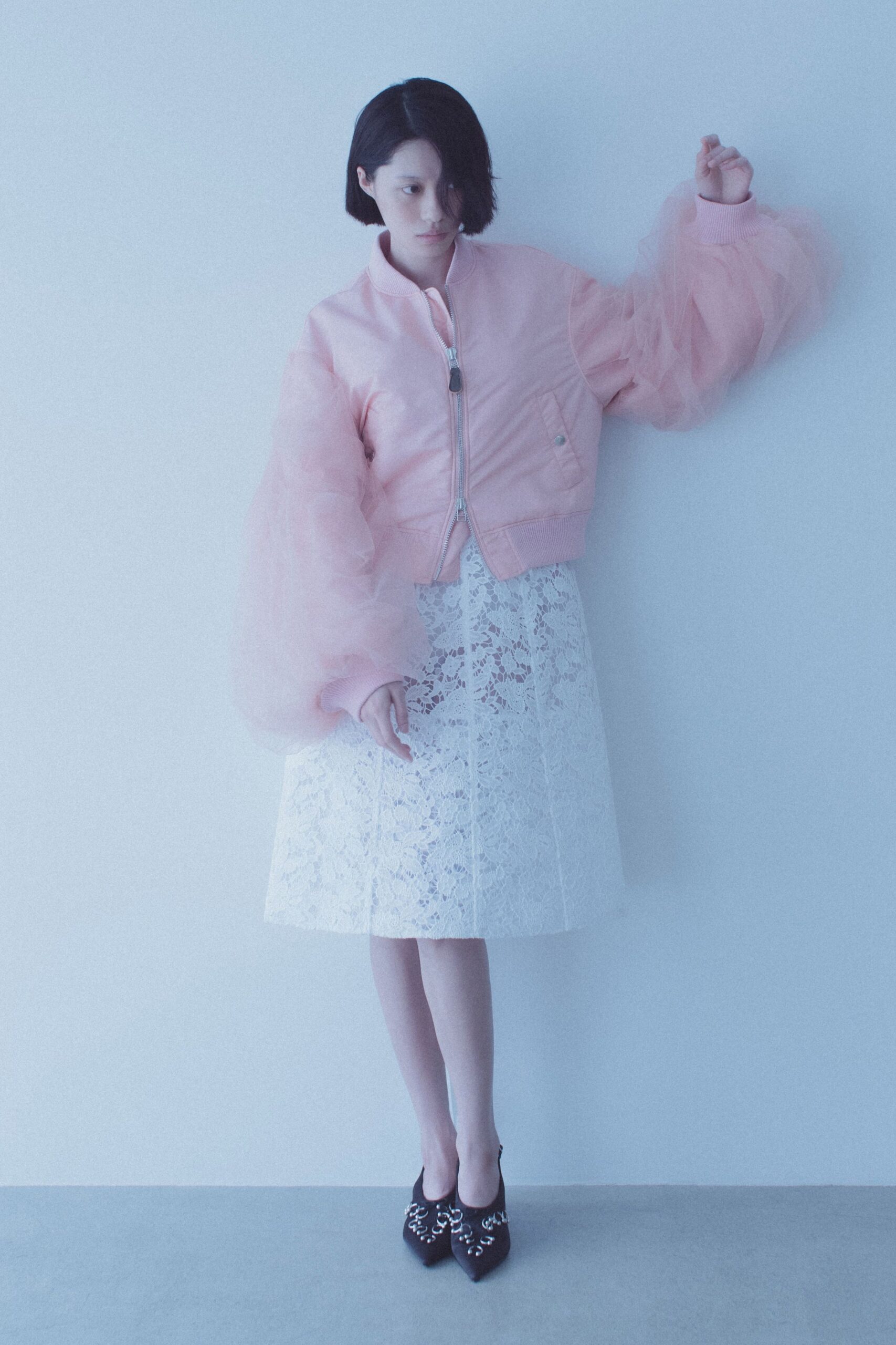 pink tulle jacket white lace skirt