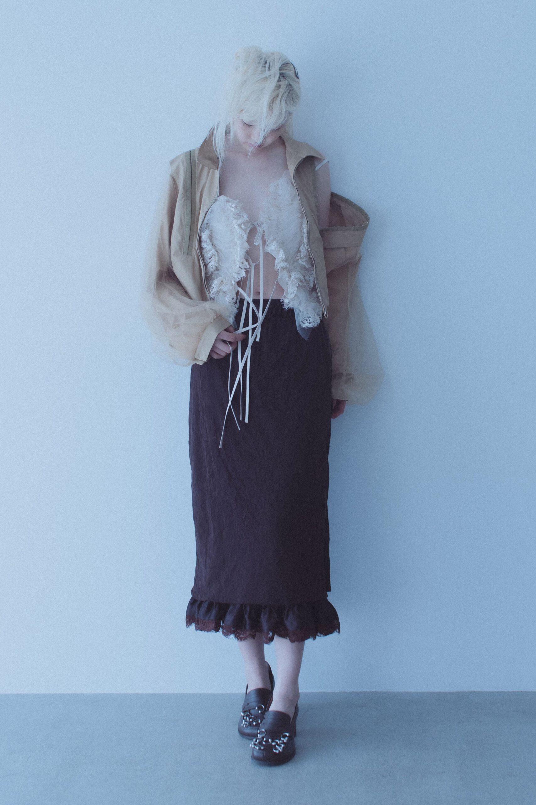 beige oversized jacket with white top