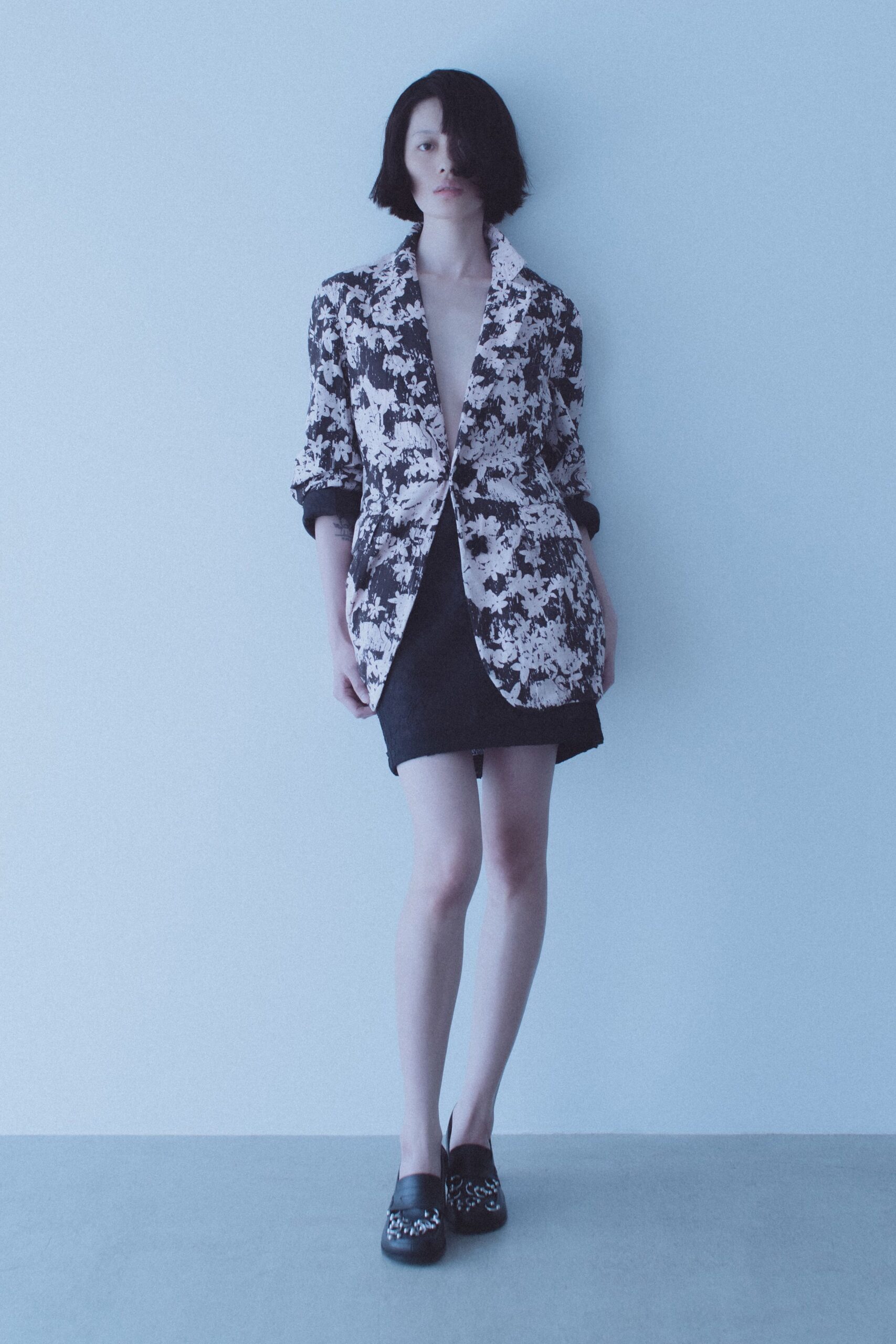 floral blazer with mini skirt